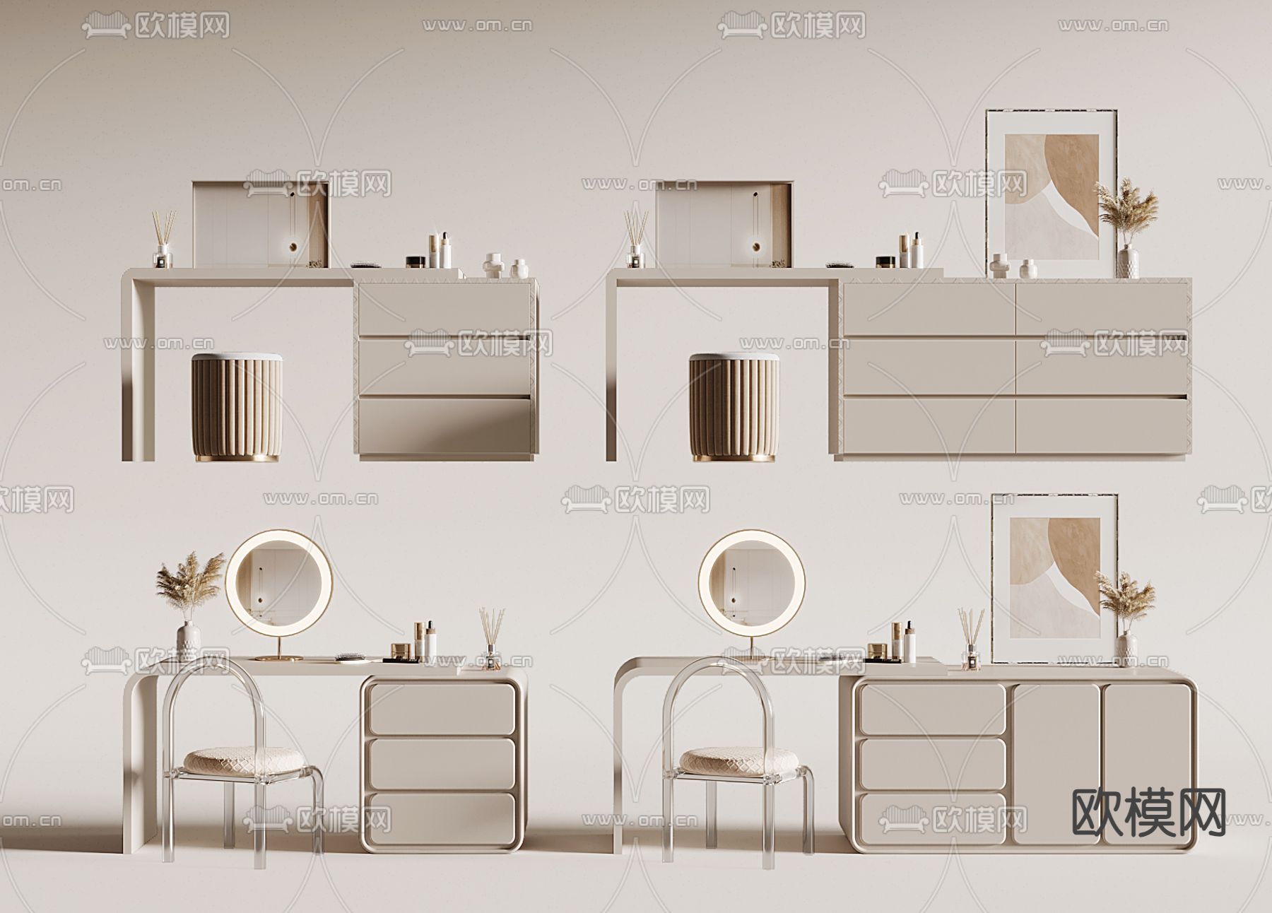 奶油风梳妆台su模型下载（渲染图1）