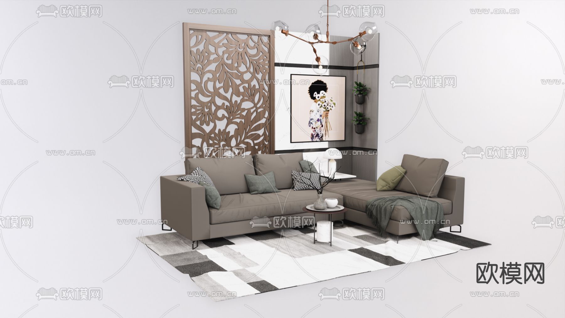 简欧组合沙发su模型下载（渲染图2）