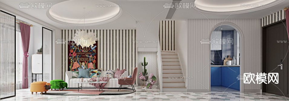孟菲斯风客厅 餐厅3d模型下载(渲染图3)