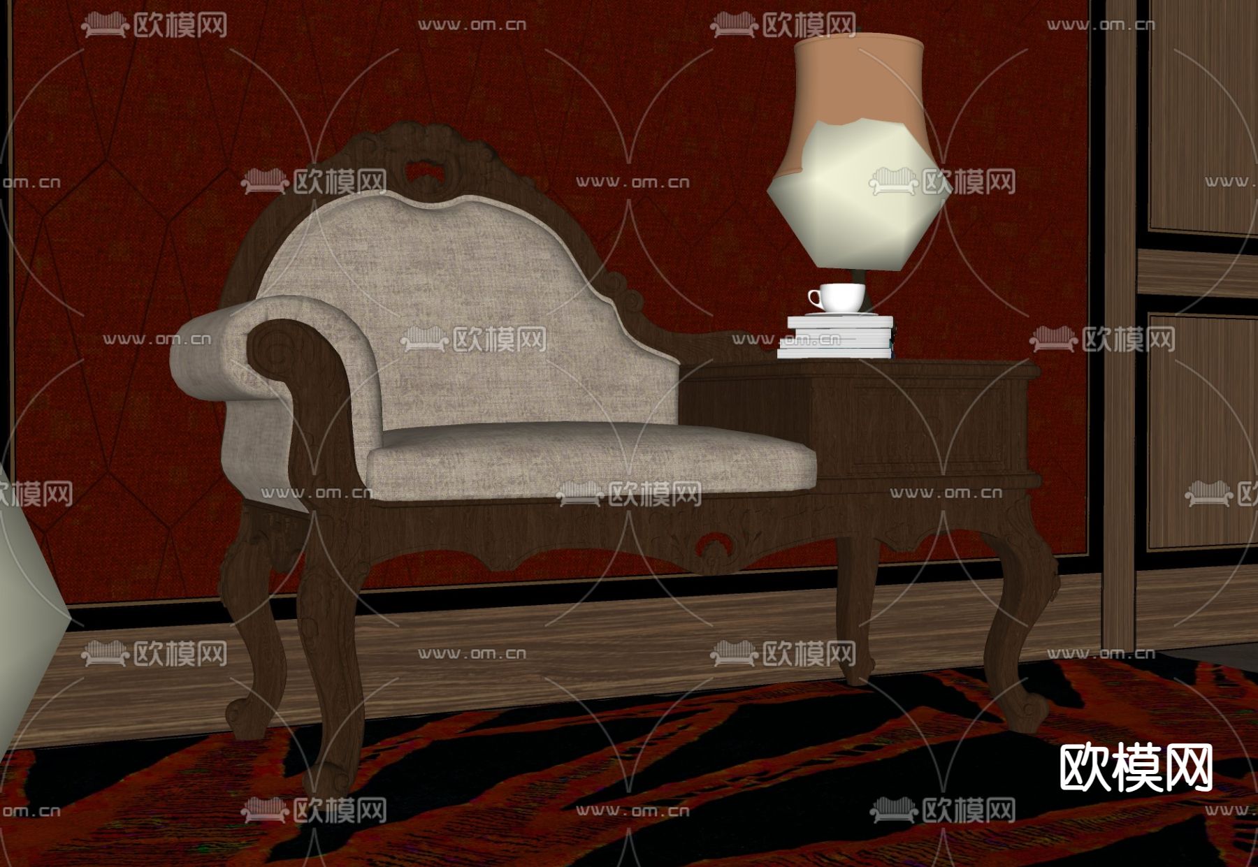 欧式古典单人沙发su模型下载（渲染图2）