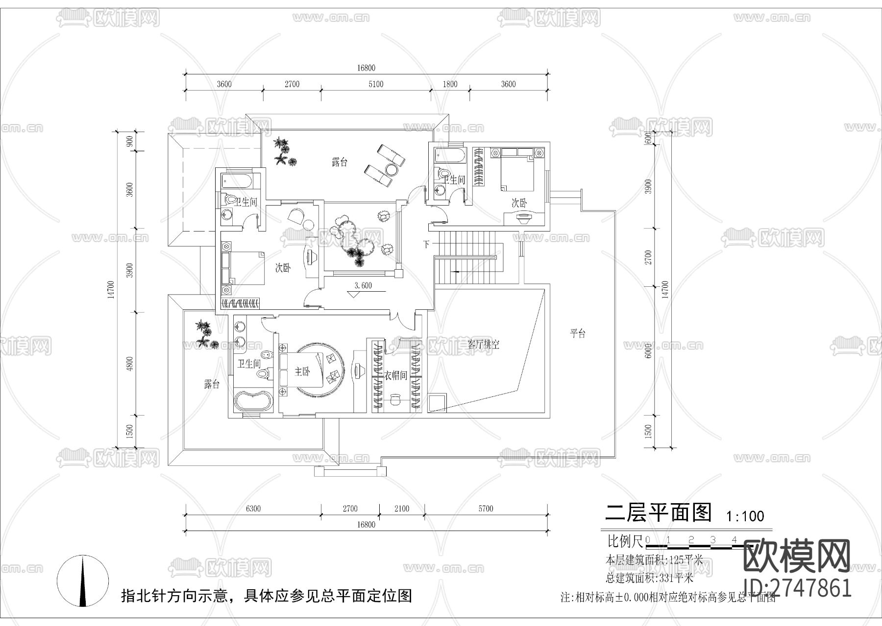330平二层法式别墅建筑cad施工图下载（渲染图5）