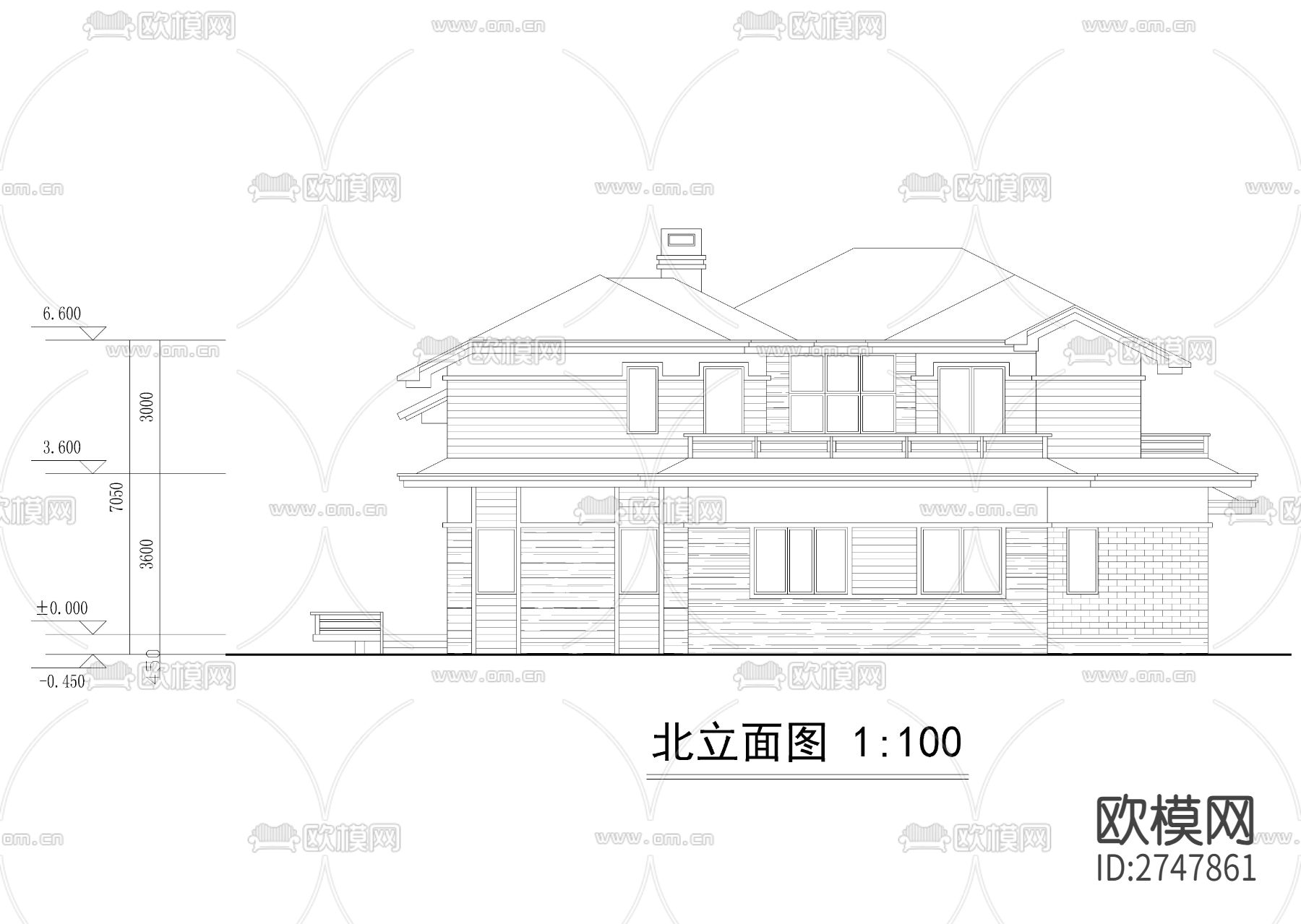 330平二层法式别墅建筑cad施工图下载（渲染图2）