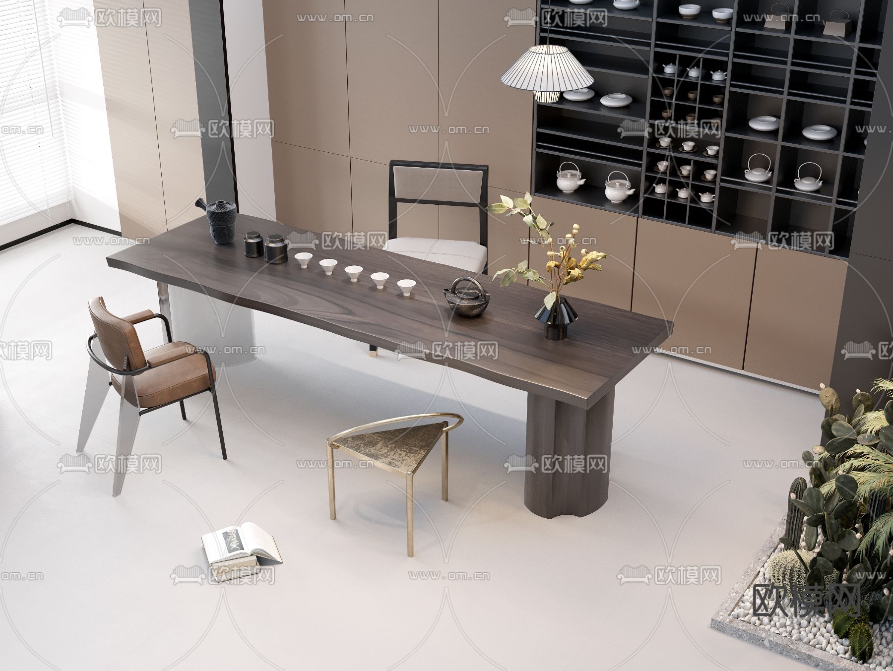 新中式茶桌 茶台su模型下载（渲染图1）