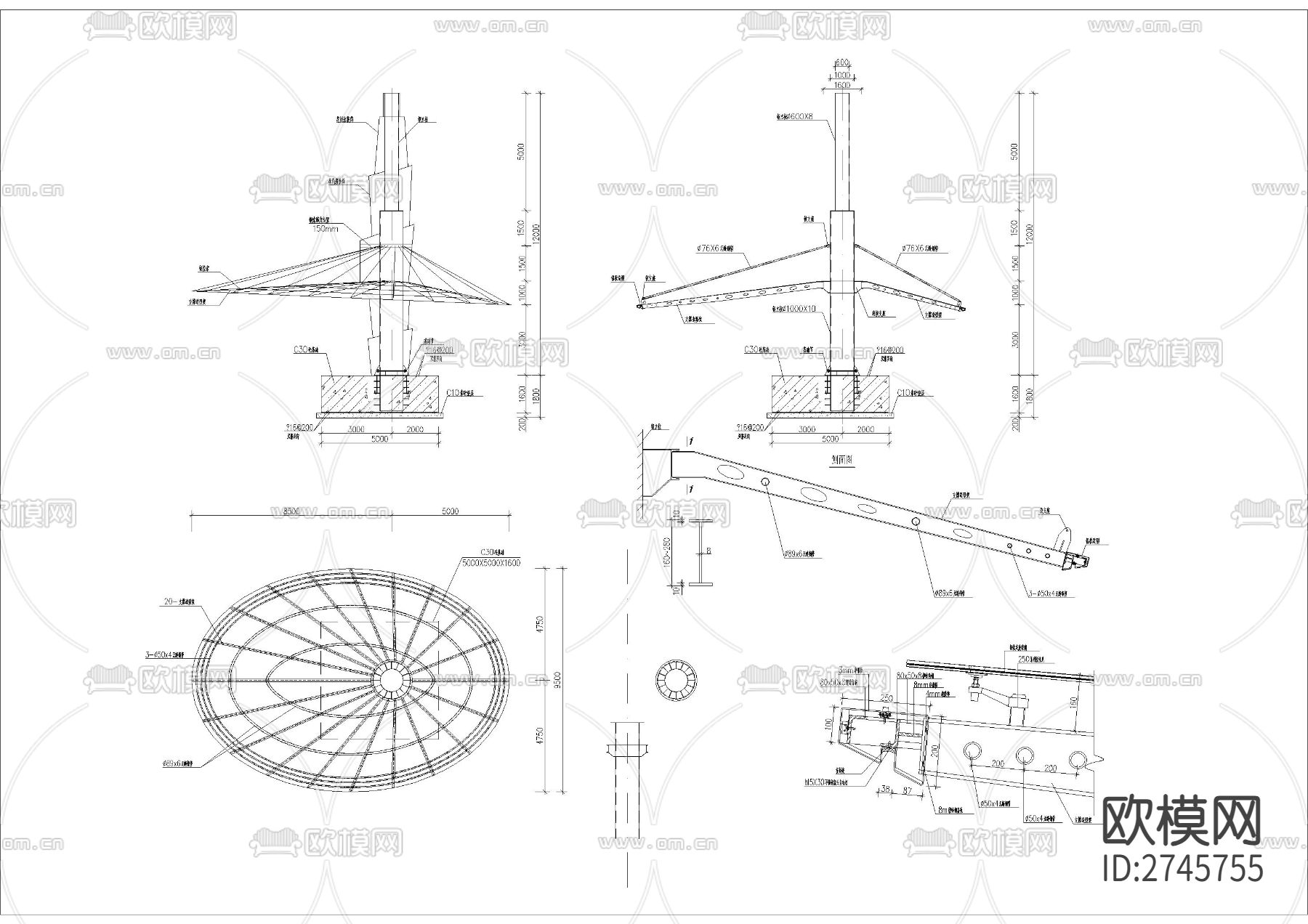 不规则网钢架cad施工图下载（渲染图4）