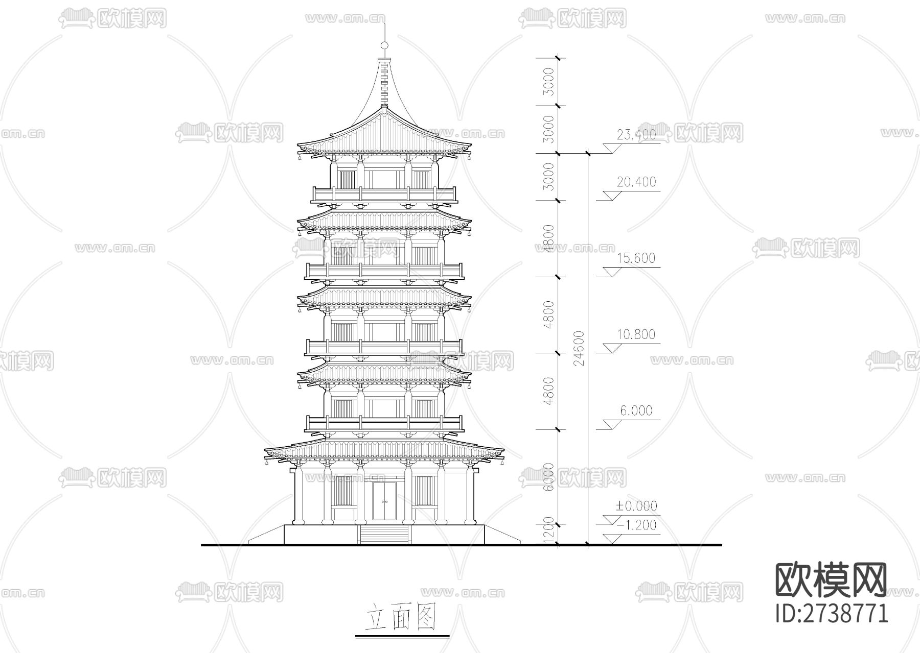 九层塔剖立面图cad施工图下载（渲染图1）