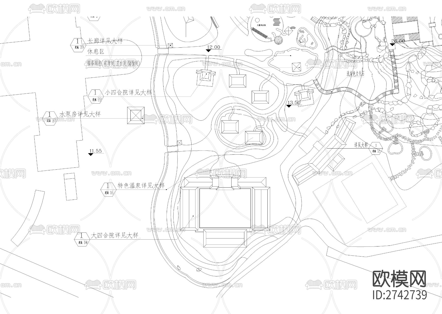 温泉度假城总体规划图和水泵房cad施工图下载（渲染图5）