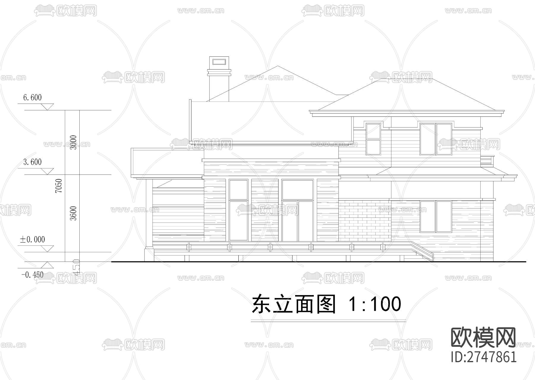 330平二层法式别墅建筑cad施工图下载（渲染图7）