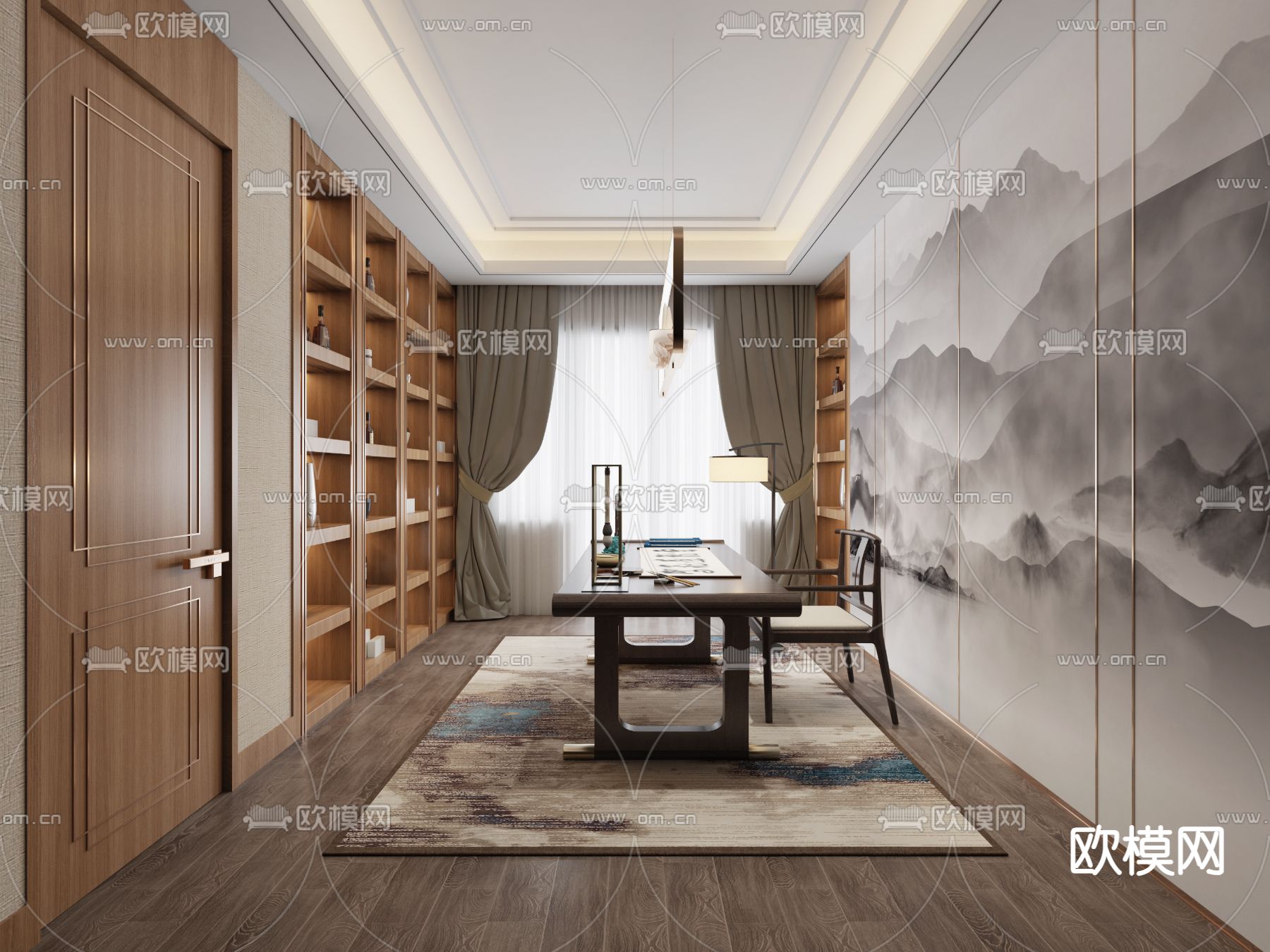 新中式书房su模型下载（渲染图1）