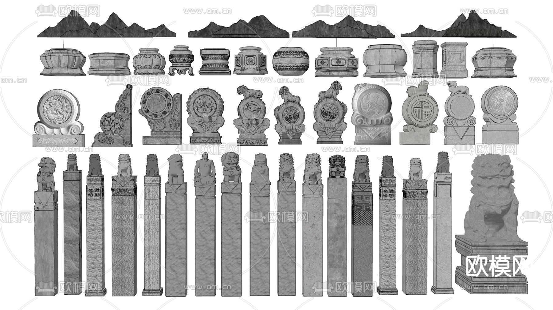 中式拴马桩 抱鼓石 石狮子su模型下载（渲染图2）