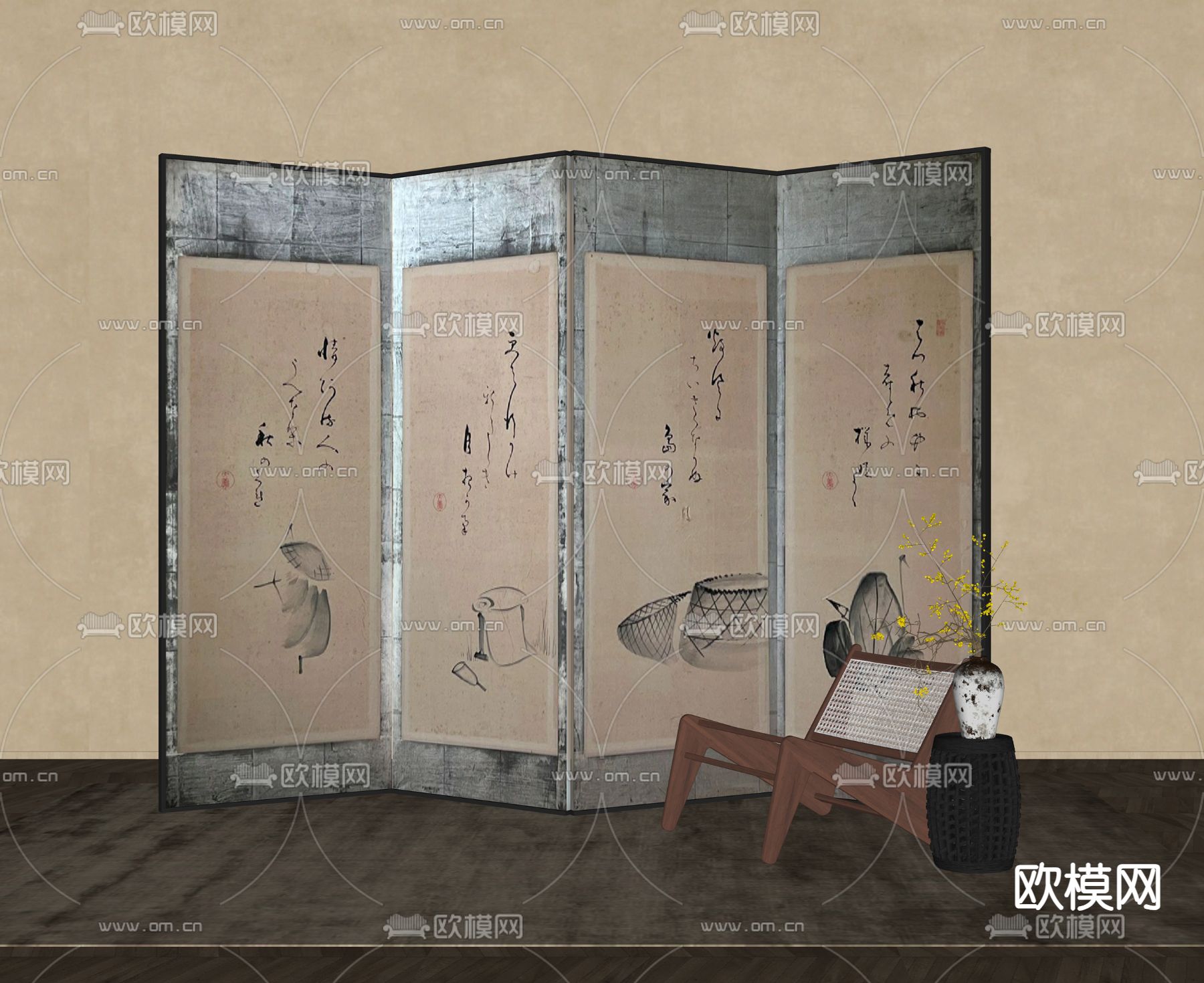 新中式屏风隔断su模型下载（渲染图2）