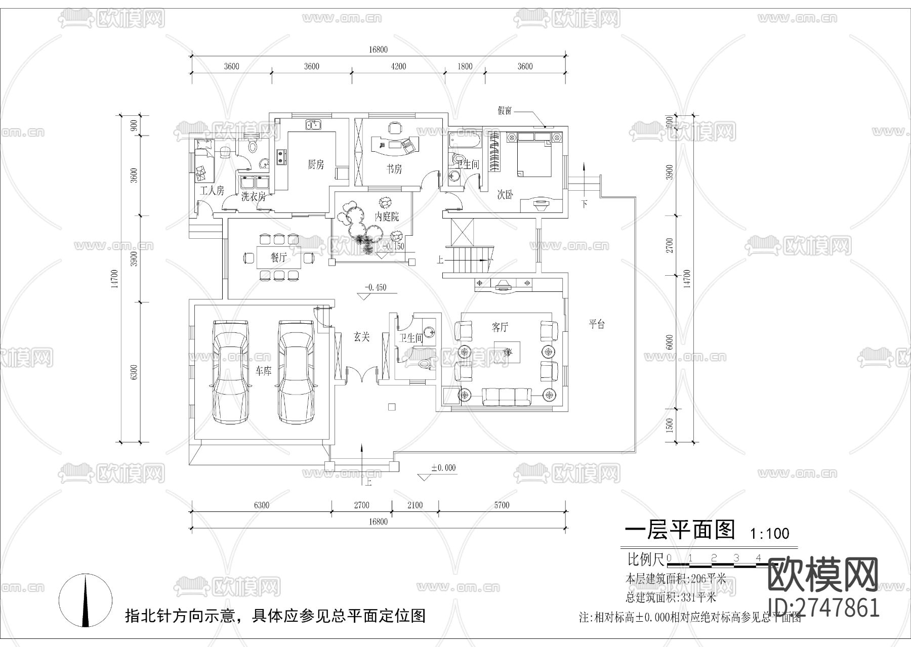 330平二层法式别墅建筑cad施工图下载（渲染图3）