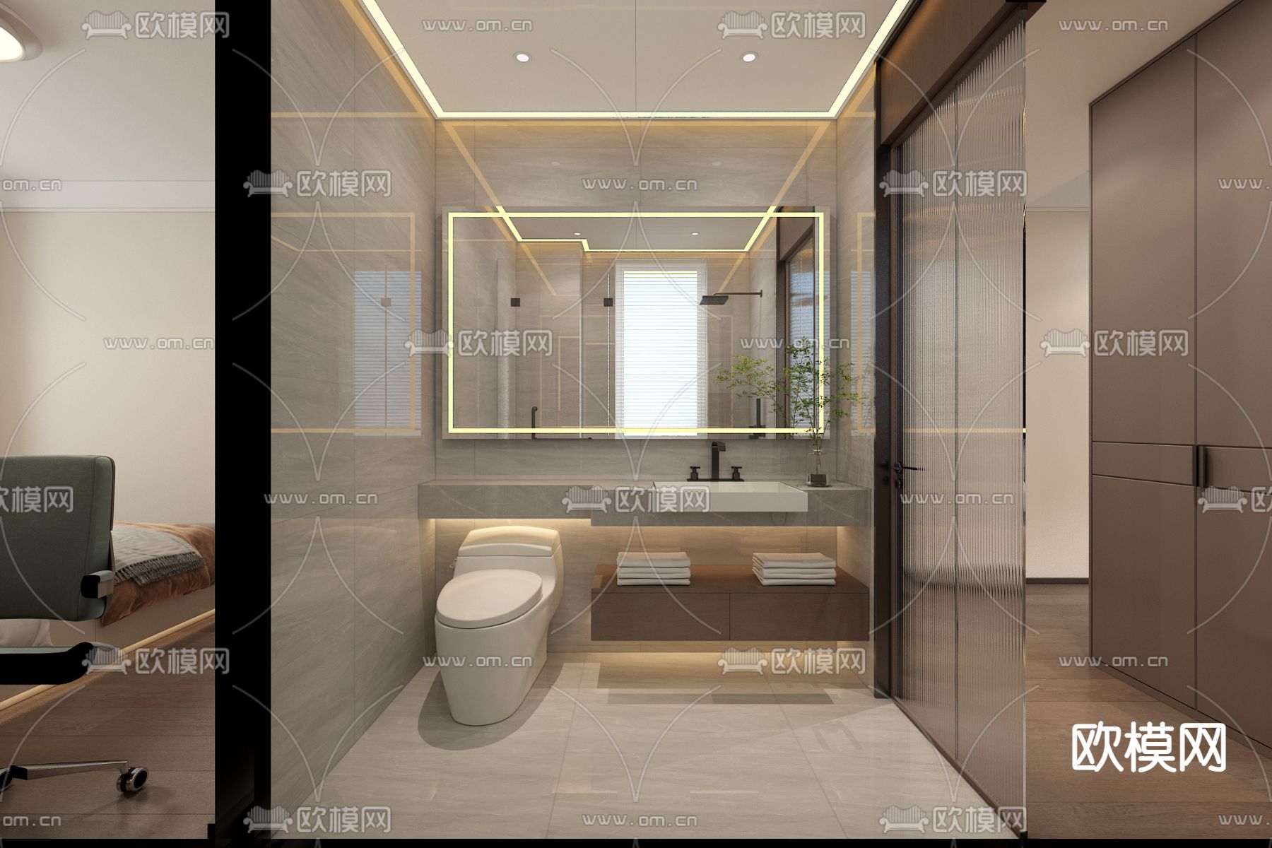 现代卫生间免费3d模型下载（渲染图1）