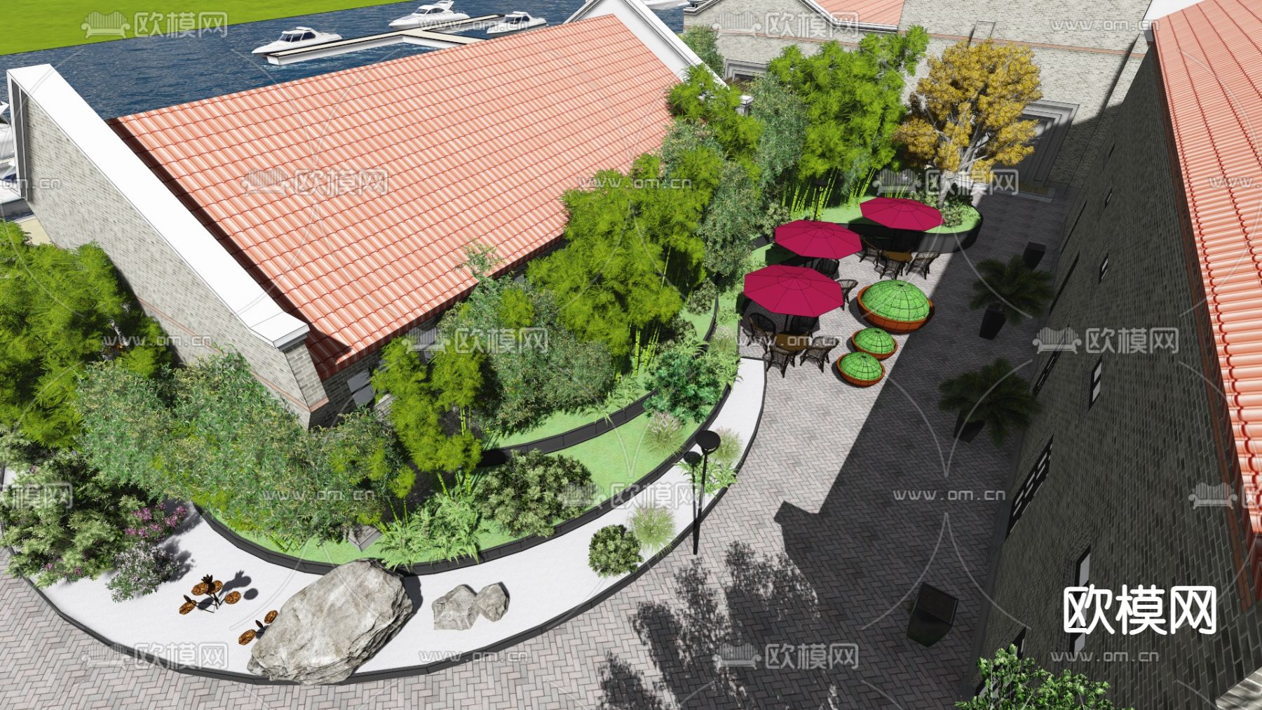 现代滨水景观su模型下载（渲染图2）