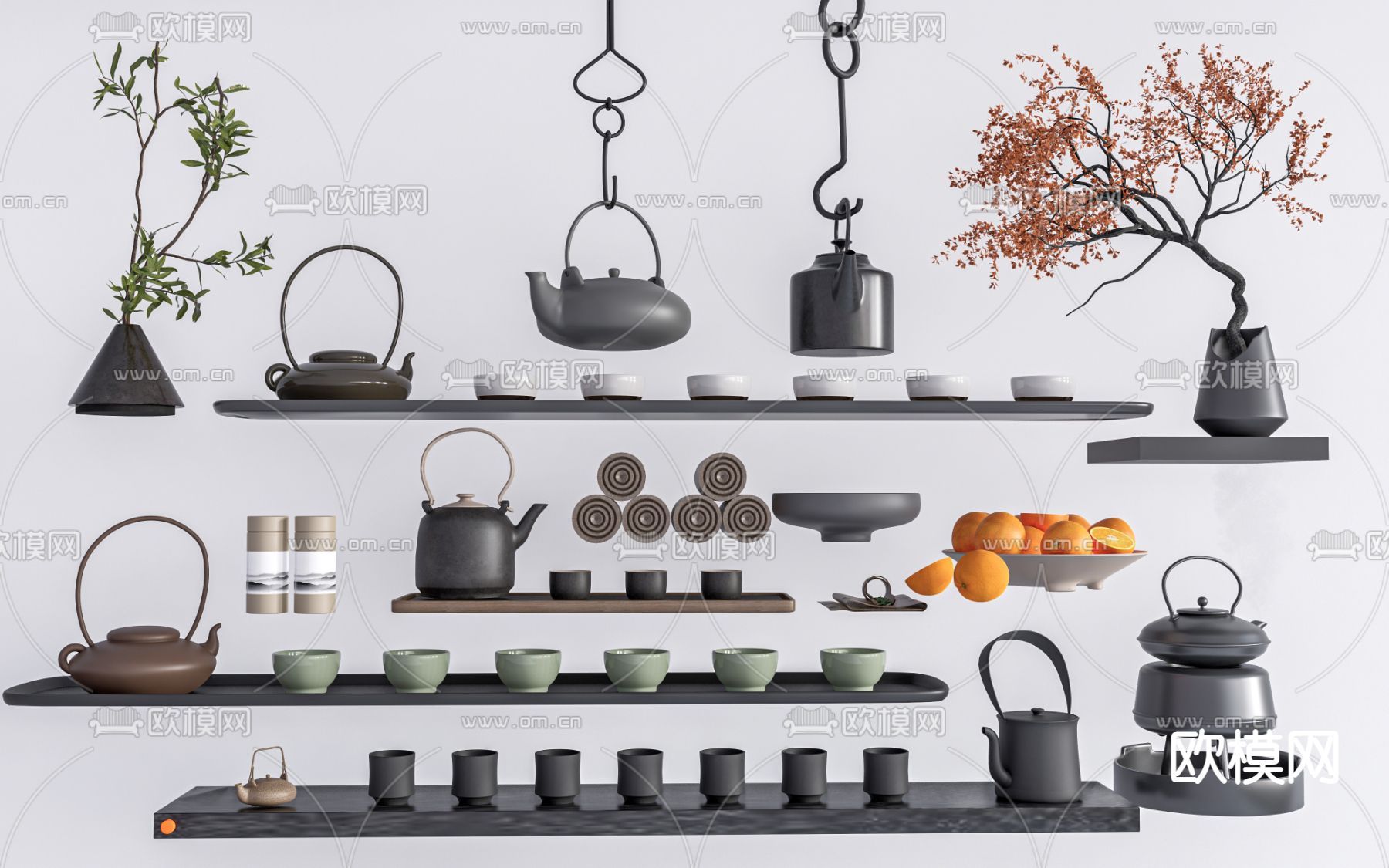 新中式茶具 茶杯 悬挂茶壶su模型下载（渲染图1）