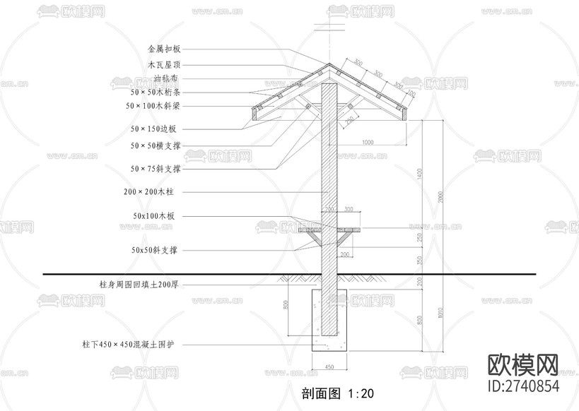 休閑涼亭cad施工圖下載(渲染圖5)