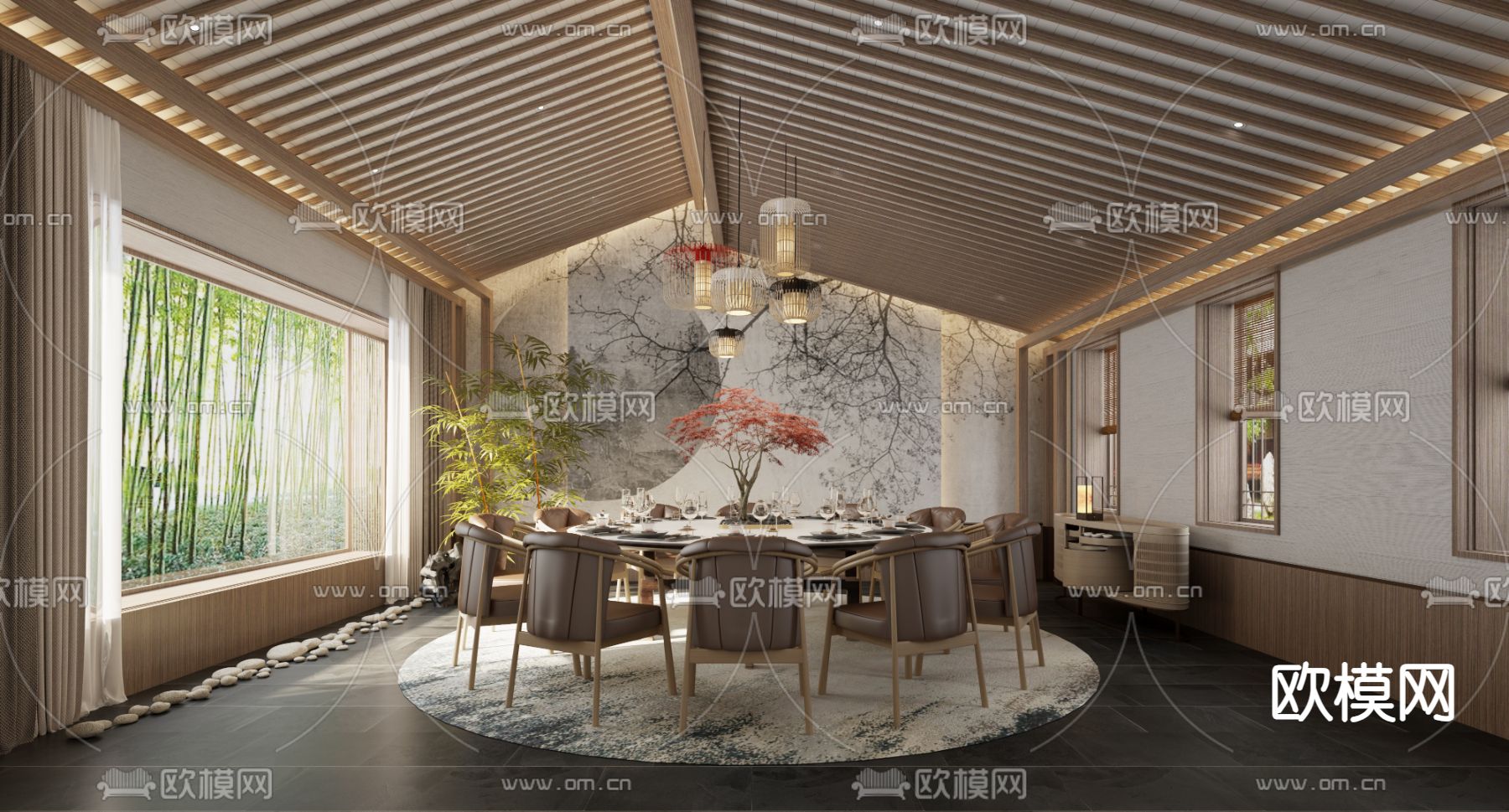 新中式餐厅包房su模型下载（渲染图1）