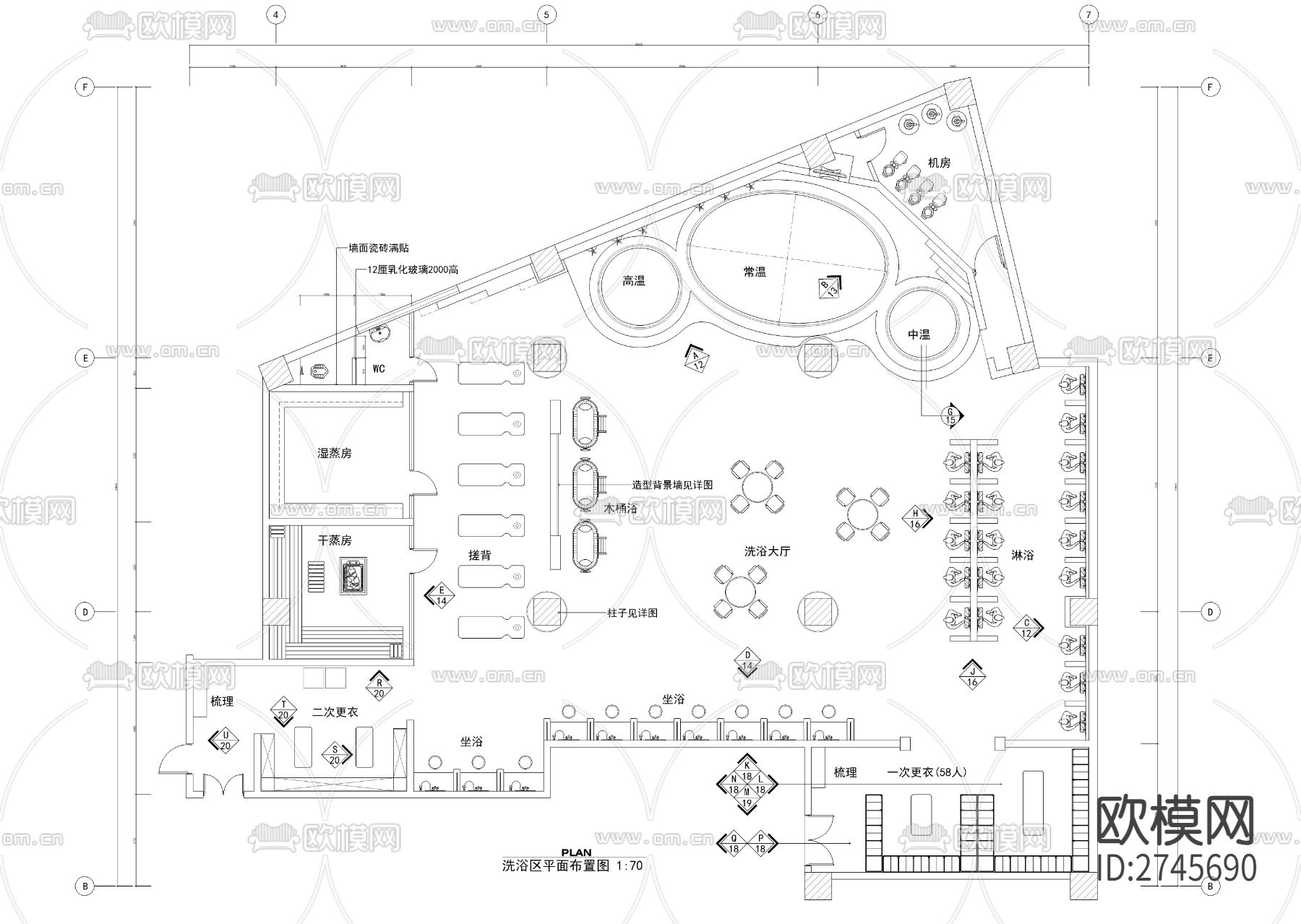 洗浴中心洗浴区全套装修cad施工图下载（渲染图1）