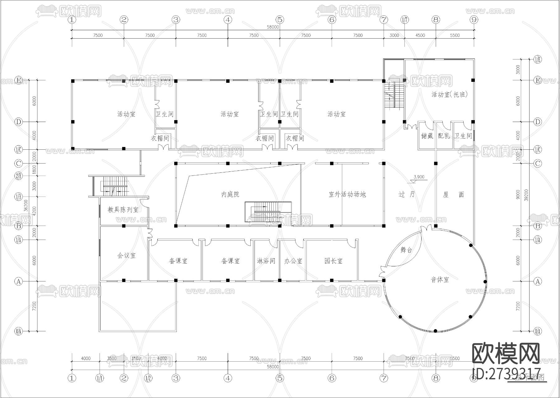 三层幼儿园建筑CAD施工图下载（渲染图3）