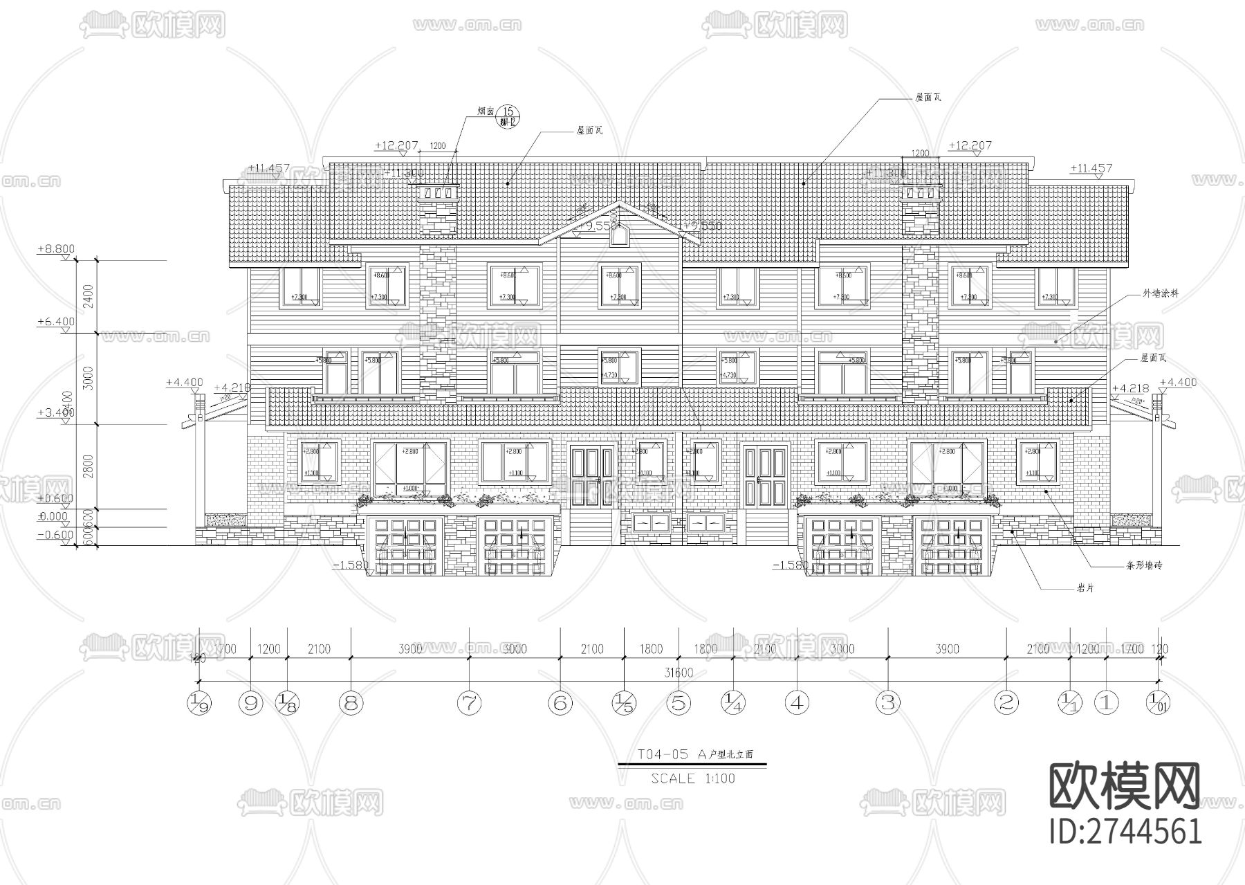 三层古典坡屋顶联排别墅CAD施工图下载（渲染图2）