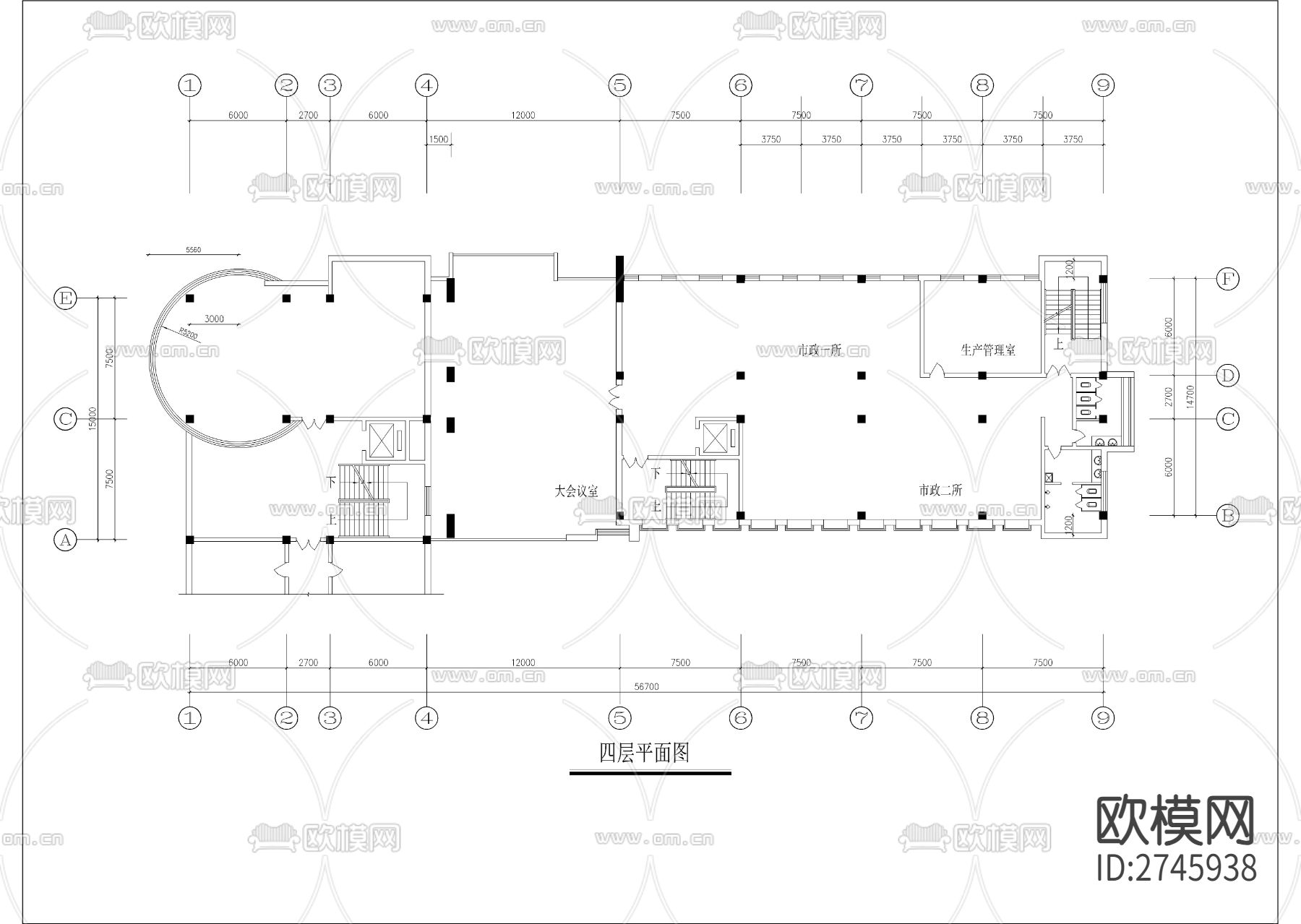 六层现代风格办公楼建筑图cad施工图下载（渲染图3）