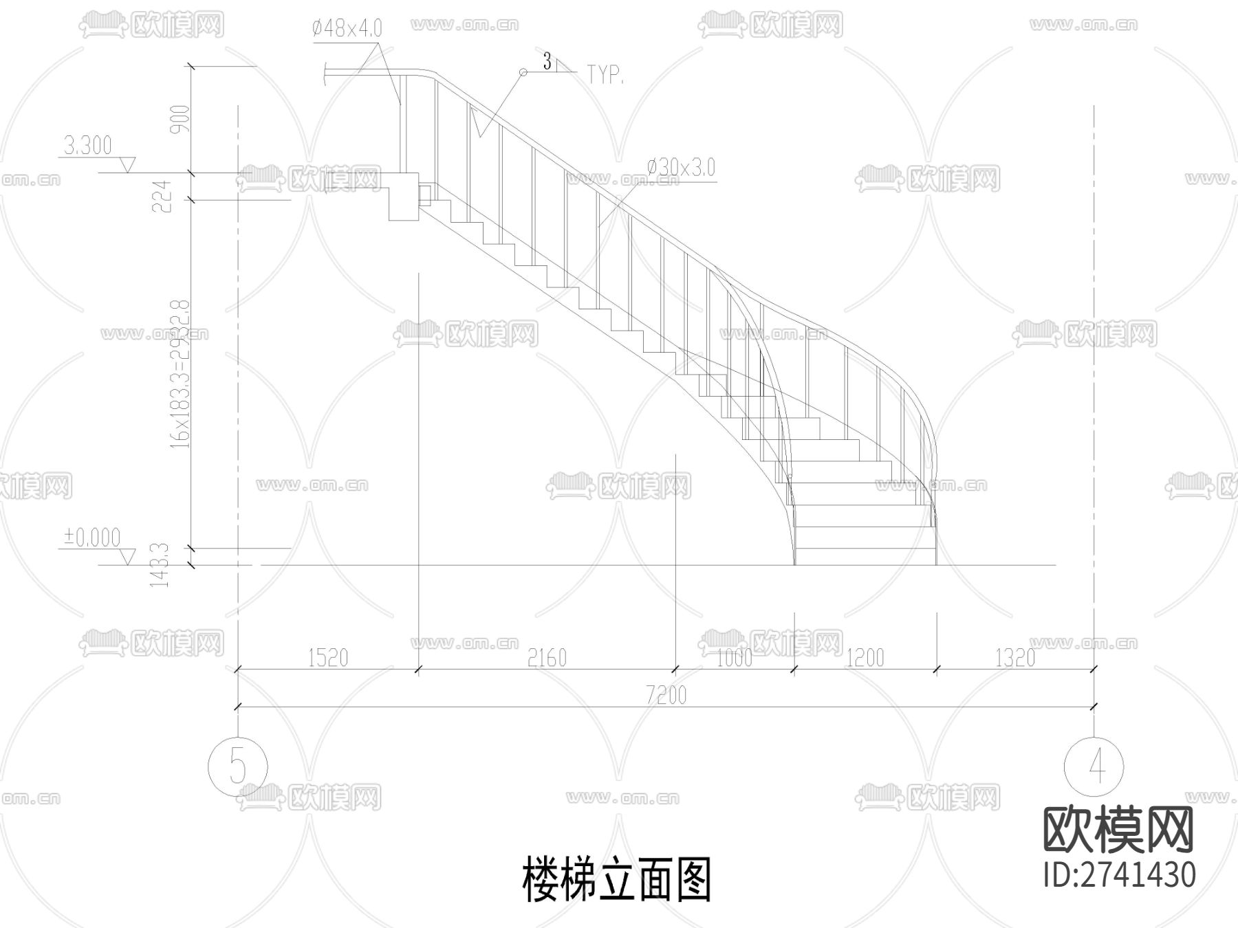 钢结构圆弧楼梯cad大样图下载（渲染图2）