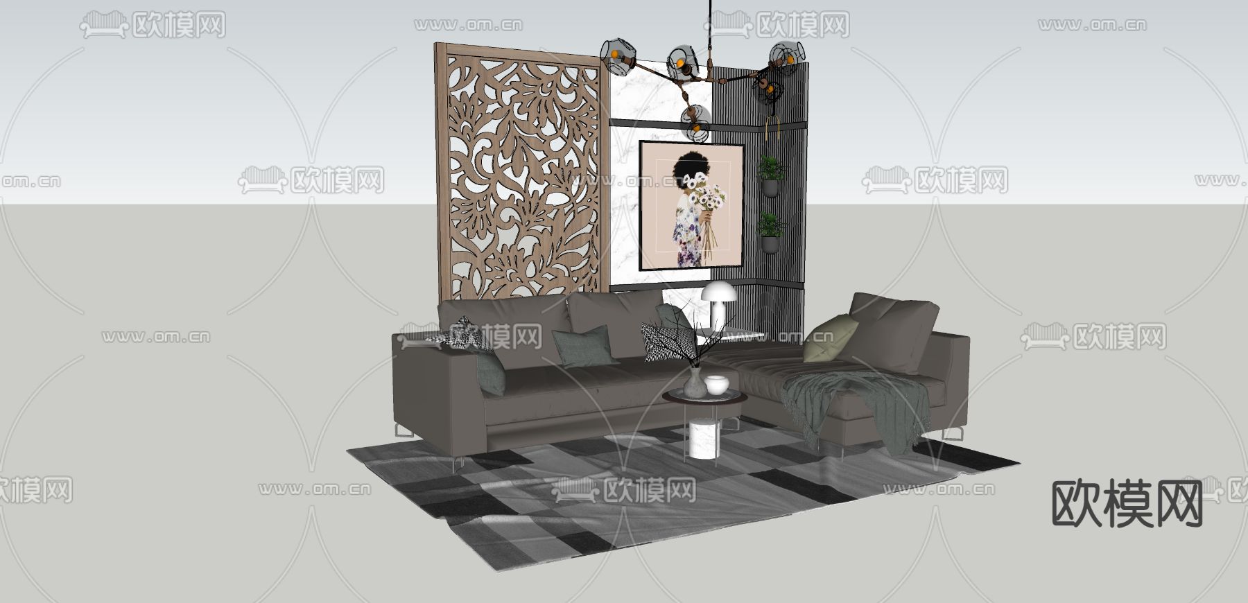 简欧组合沙发su模型下载（渲染图3）