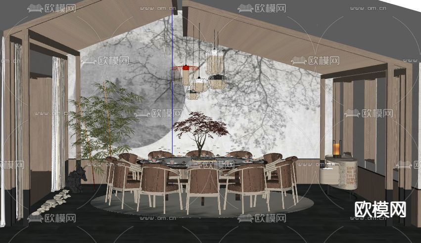 新中式餐厅包房su模型下载（渲染图2）