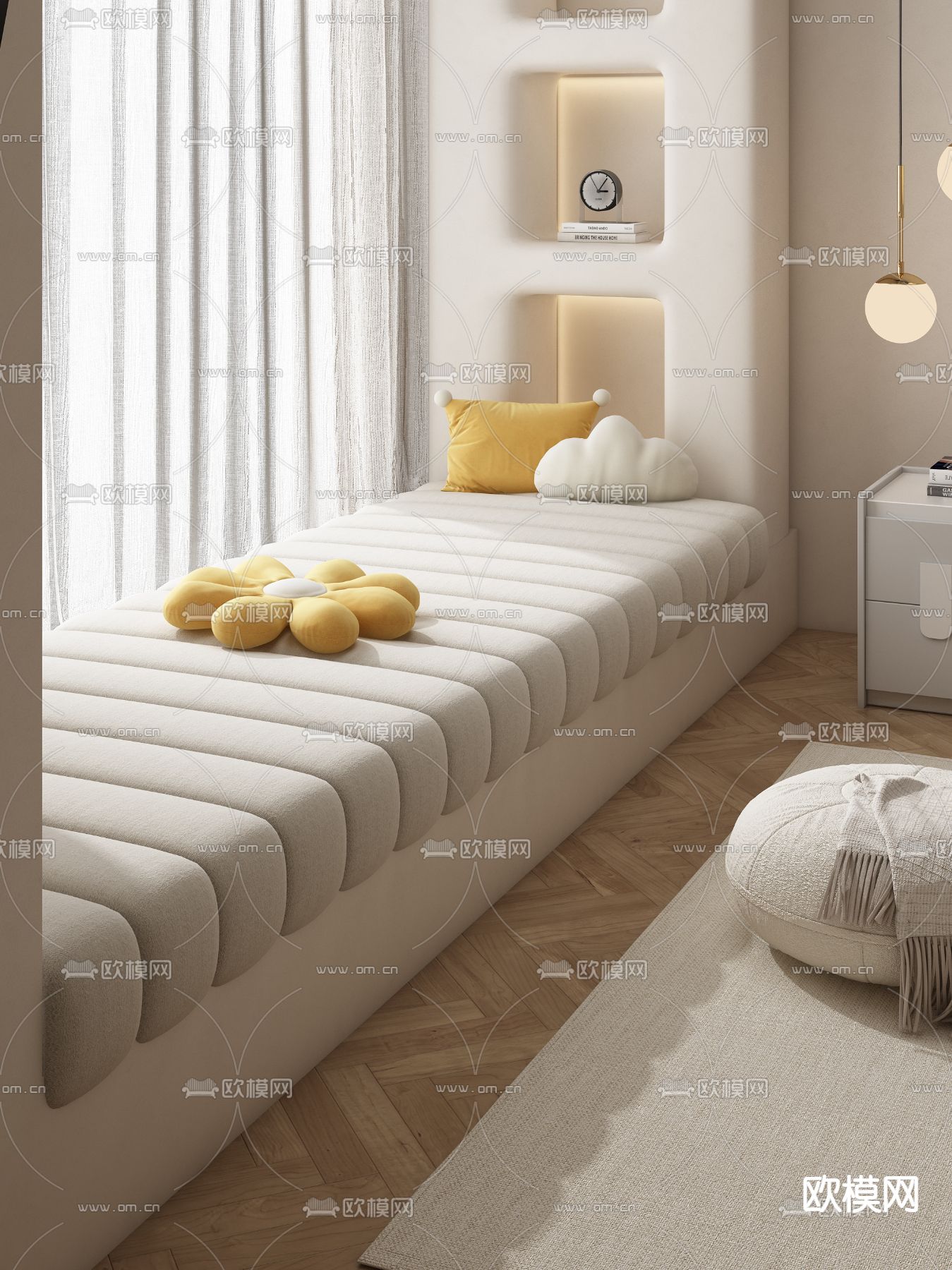 奶油风飘窗垫su模型下载（渲染图1）