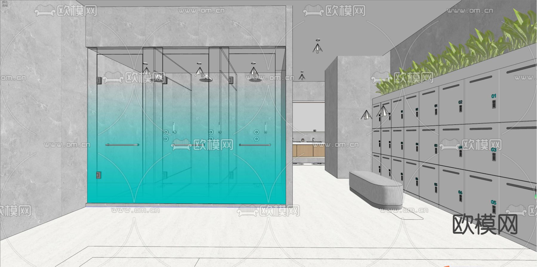 现代公共淋浴间su模型下载（渲染图2）
