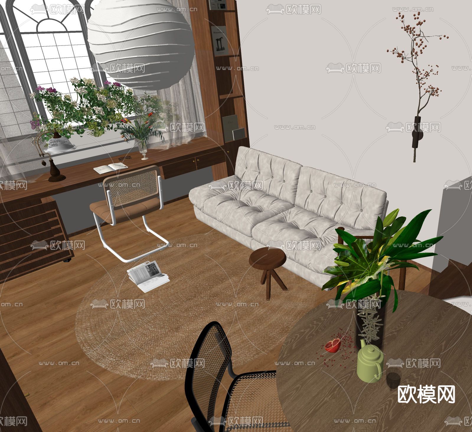 中古风单身公寓su模型下载（渲染图2）