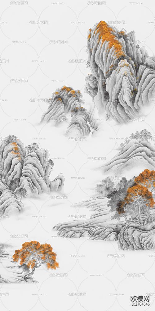 玄关 山水 金箔 水墨下载（渲染图3）