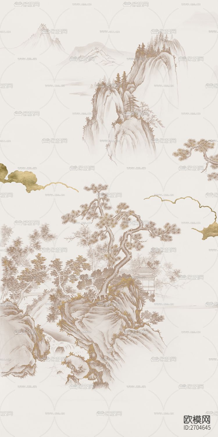 玄关 山水 松树 水墨 金箔下载（渲染图3）