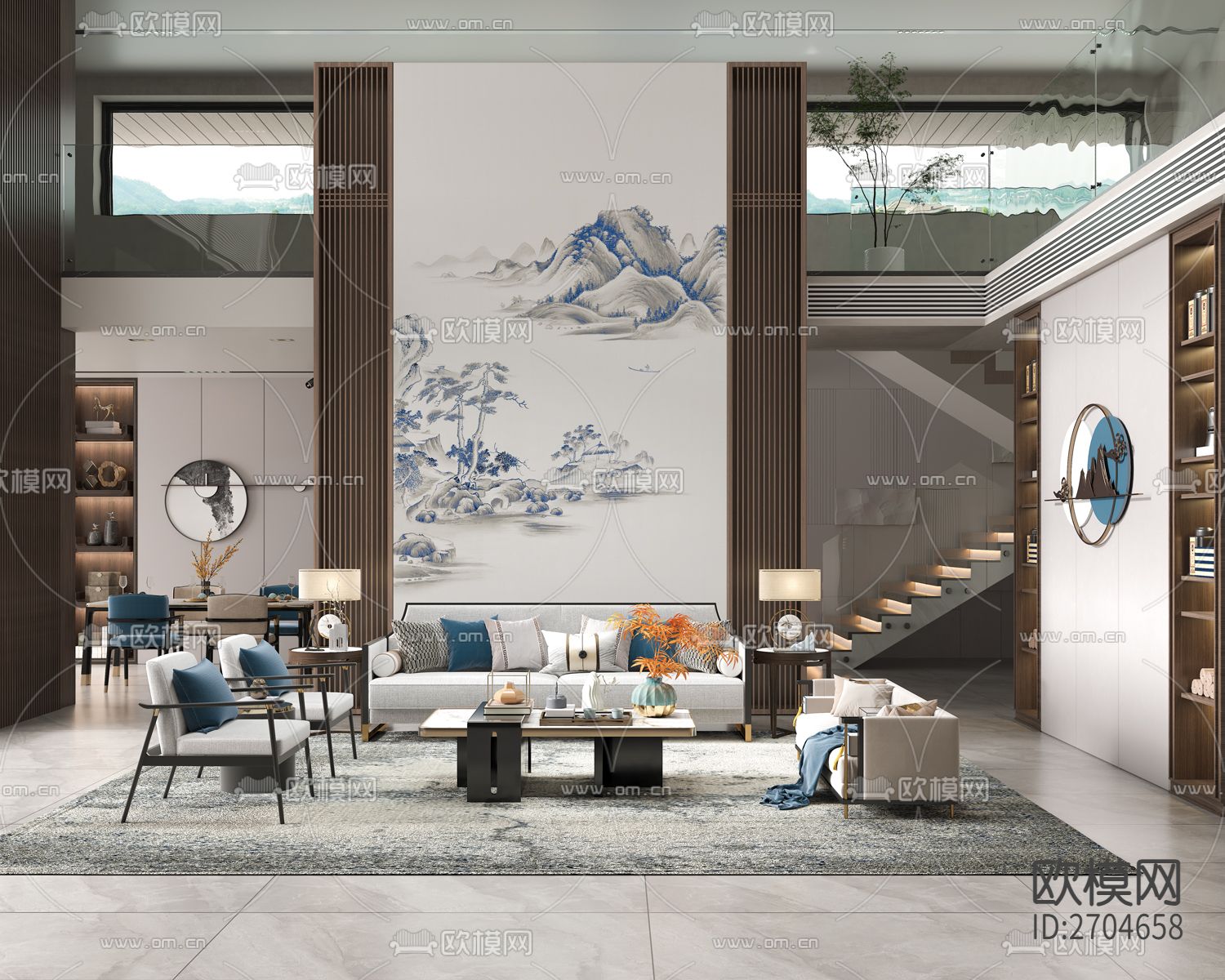 玄关 山水 松树 金箔 水墨下载（渲染图4）