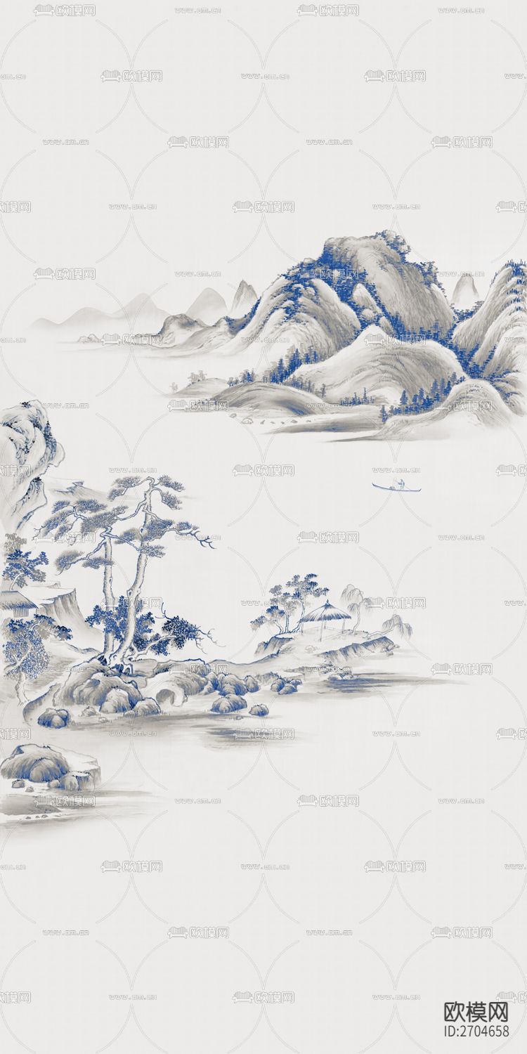 玄关 山水 松树 金箔 水墨下载（渲染图2）