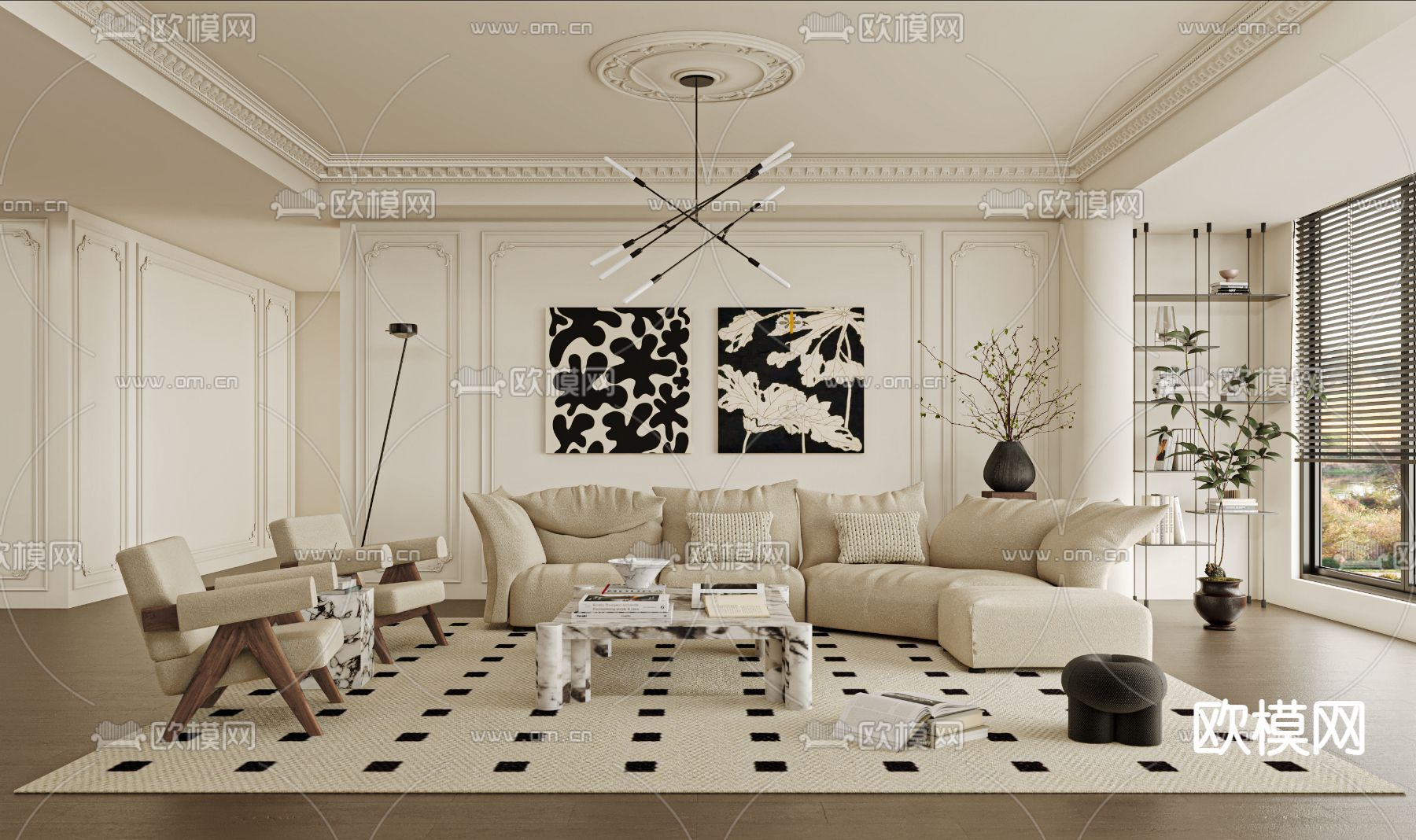 法式客厅3d模型下载（渲染图1）