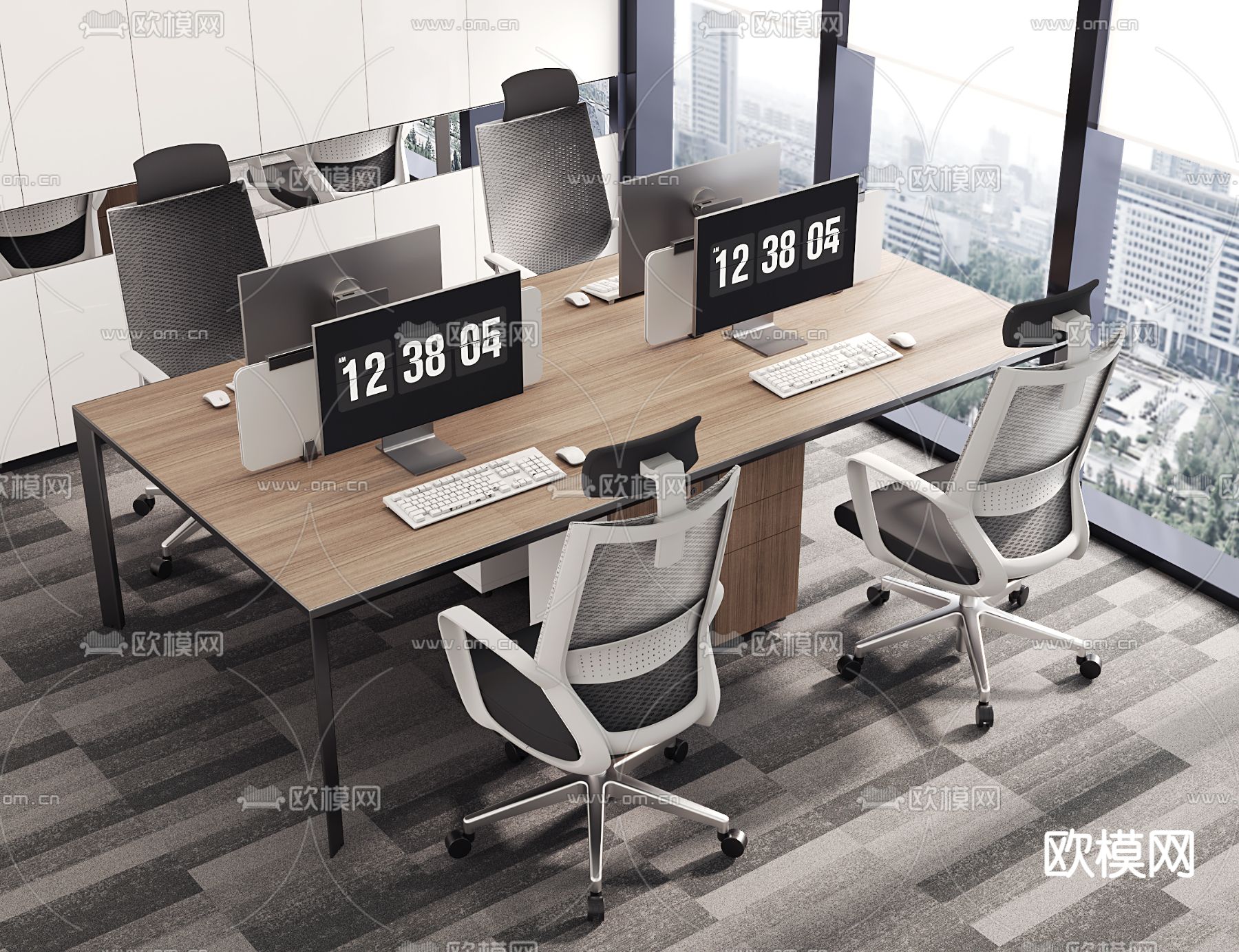 办公桌椅 屏风卡位su模型下载（渲染图1）