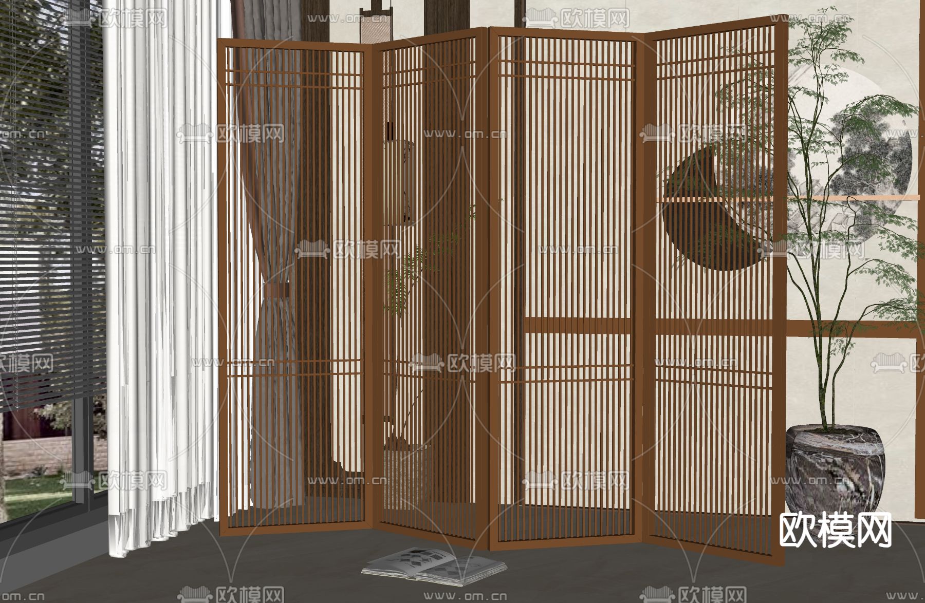 新中式屏风 隔断su模型下载（渲染图2）