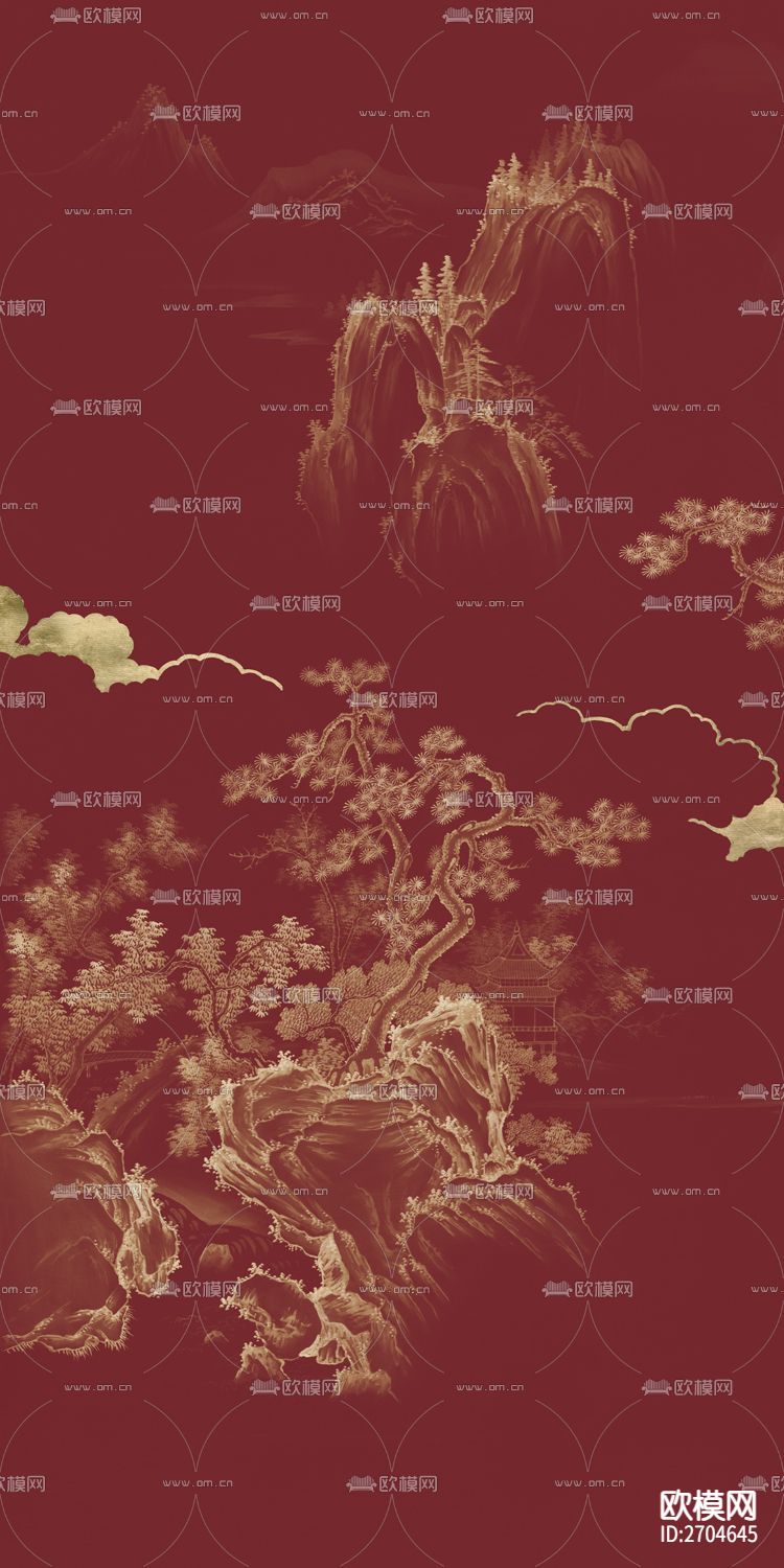 玄关 山水 松树 水墨 金箔下载（渲染图4）