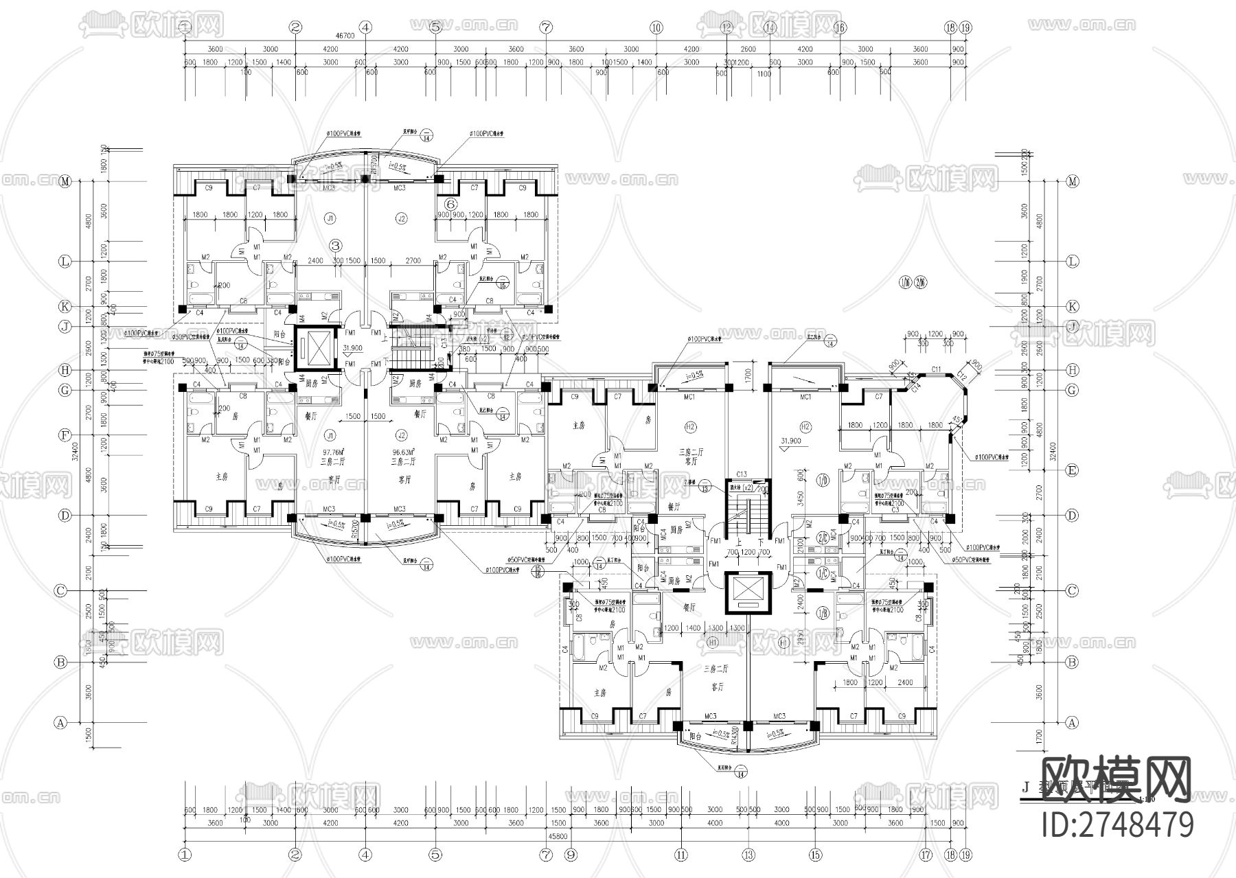 十二层一梯四户小高层建筑cad施工图下载（渲染图7）