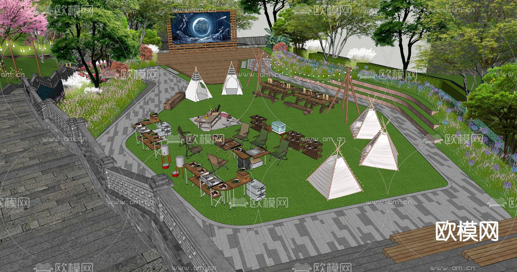 露营场地  网红阶梯su模型下载（渲染图2）