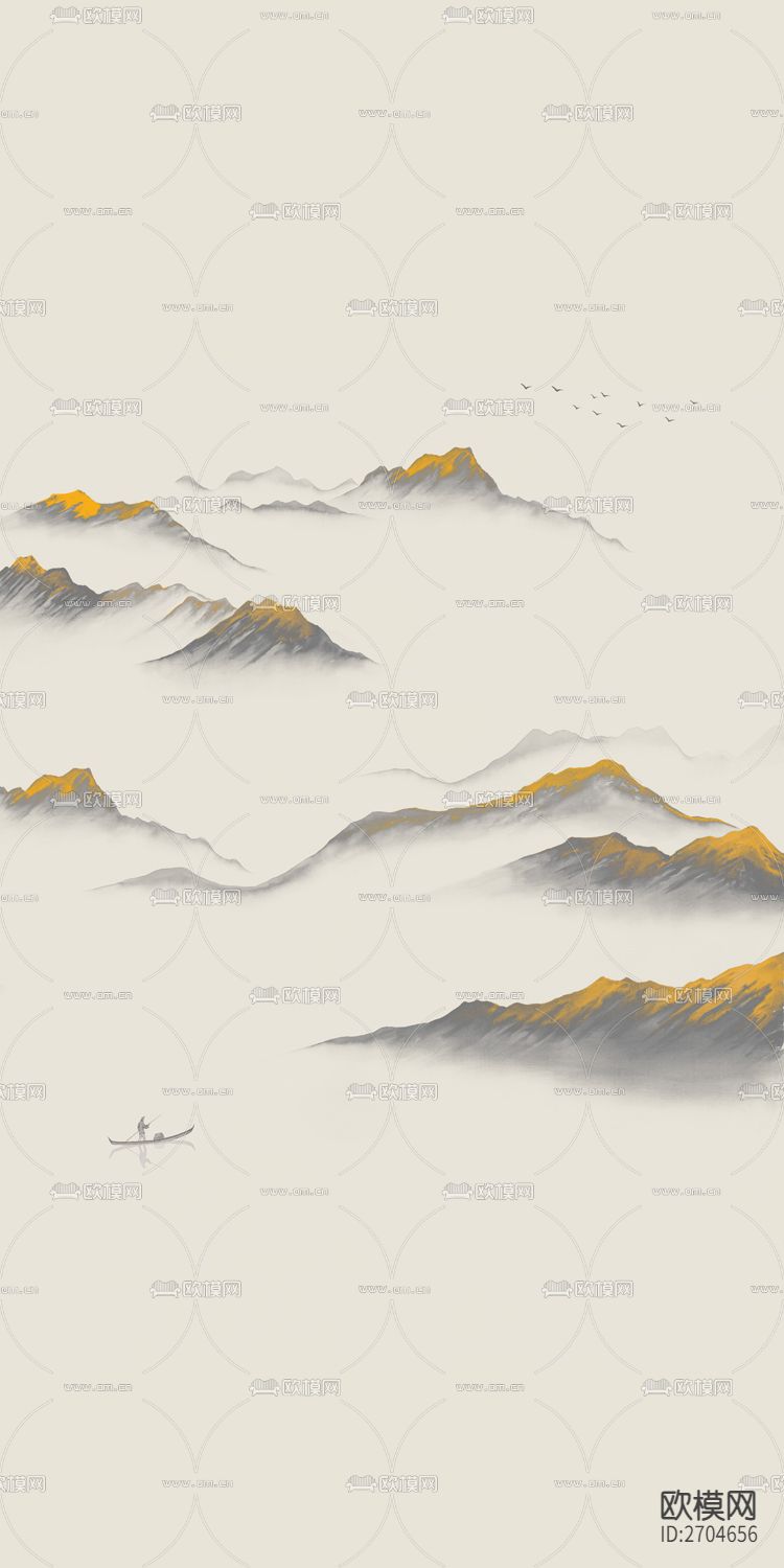 玄关 山水 水墨 金山 船下载（渲染图2）