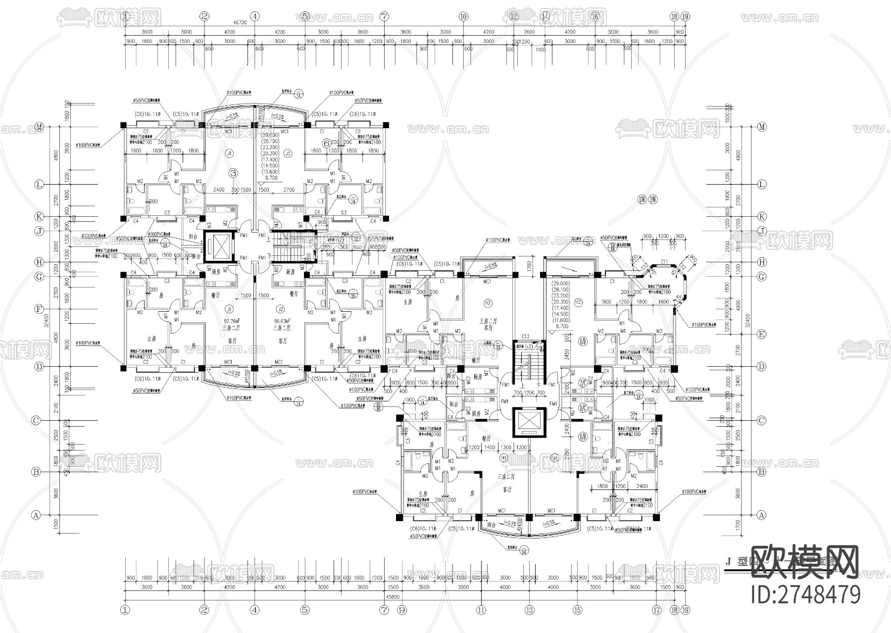 十二层一梯四户小高层建筑cad施工图下载（渲染图5）