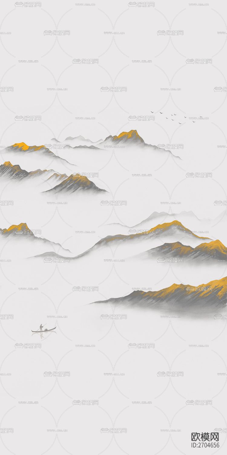 玄关 山水 水墨 金山 船下载（渲染图4）