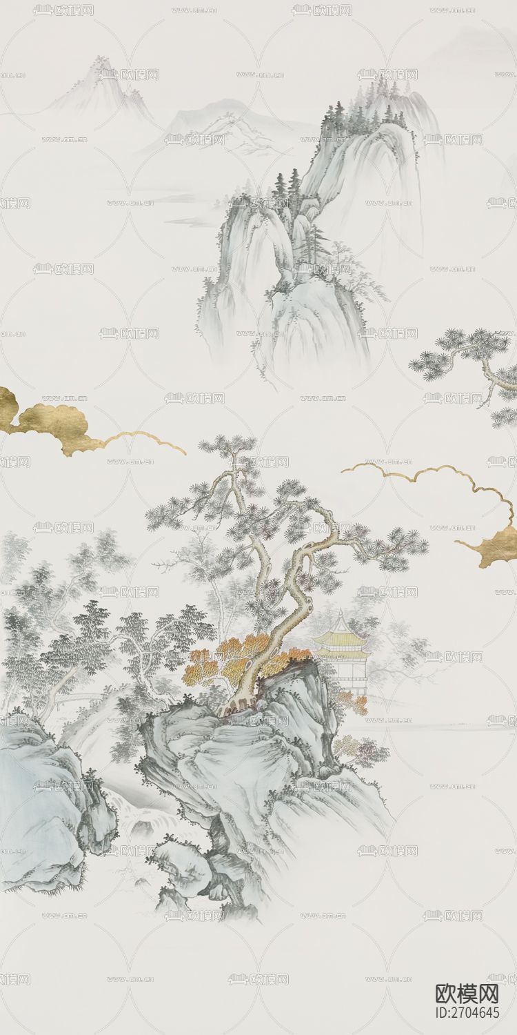 玄关 山水 松树 水墨 金箔下载（渲染图1）