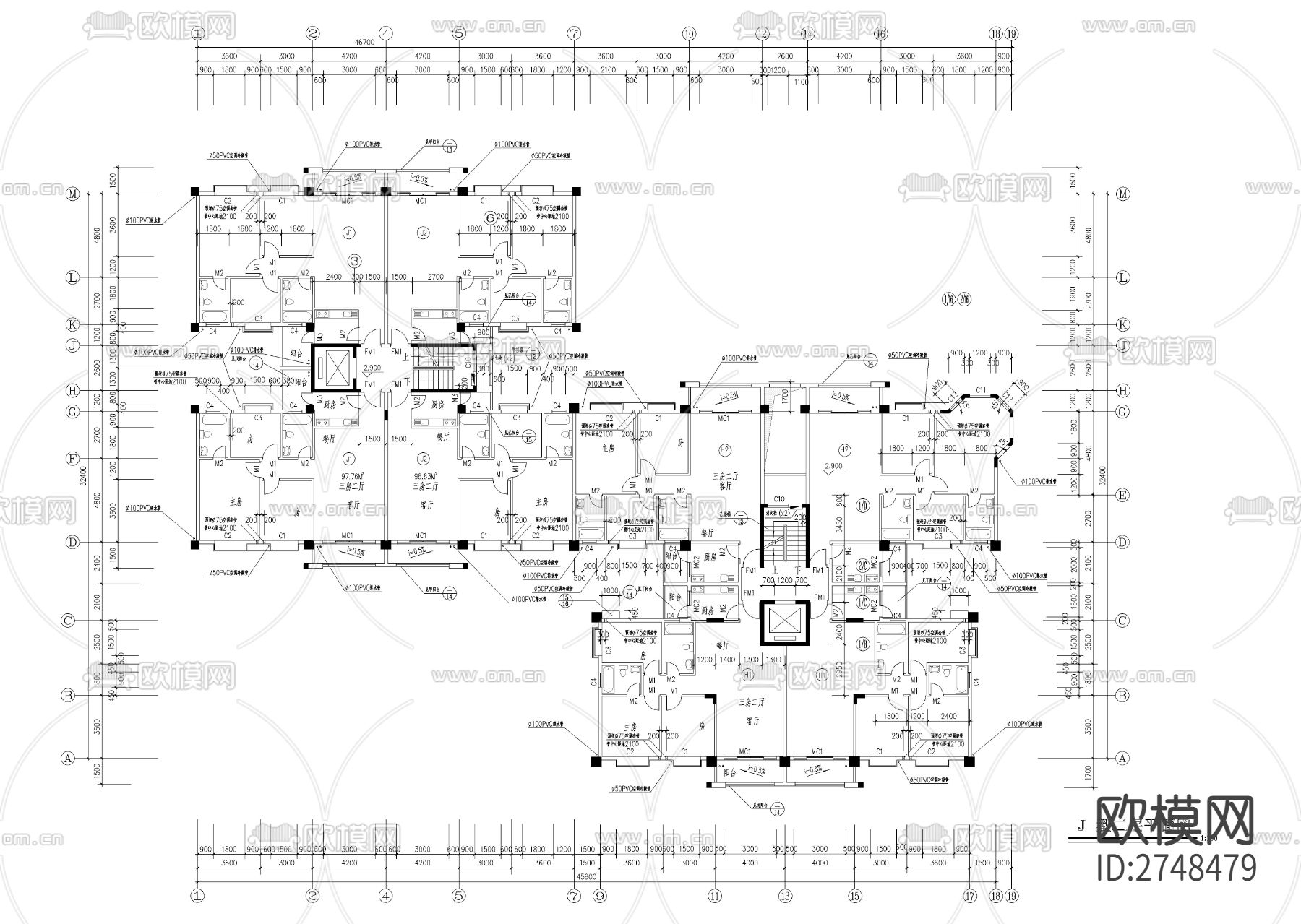十二层一梯四户小高层建筑cad施工图下载（渲染图2）