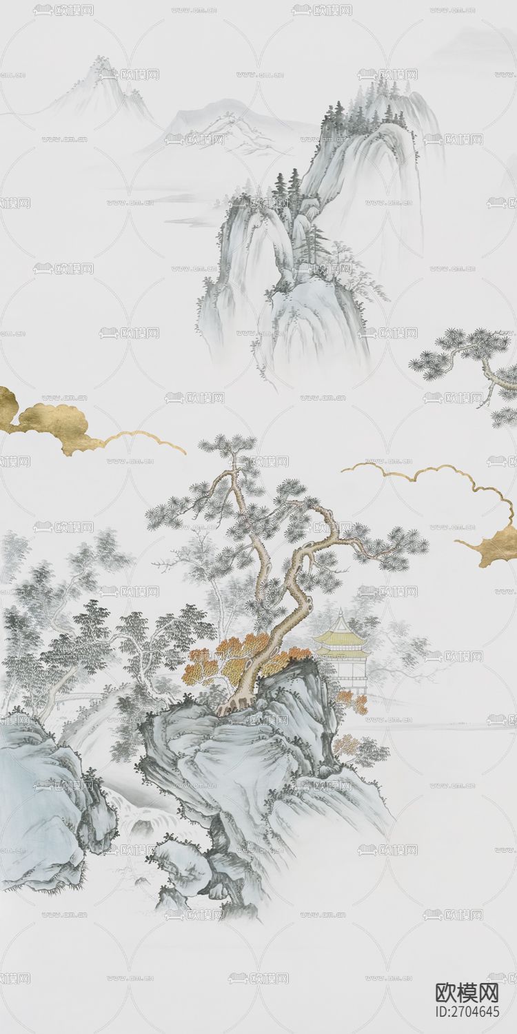 玄关 山水 松树 水墨 金箔下载（渲染图2）