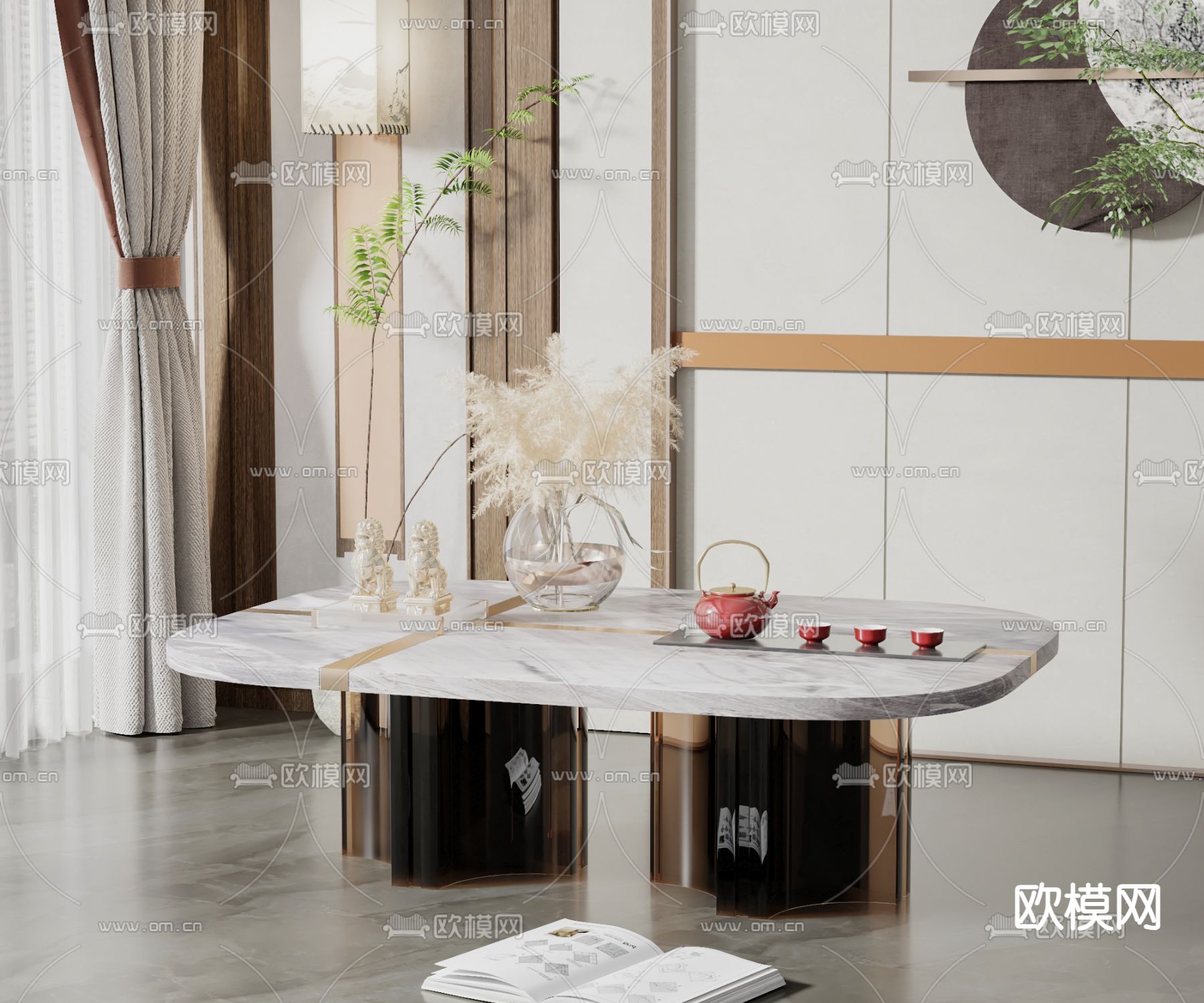 新中式茶几su模型下载（渲染图1）