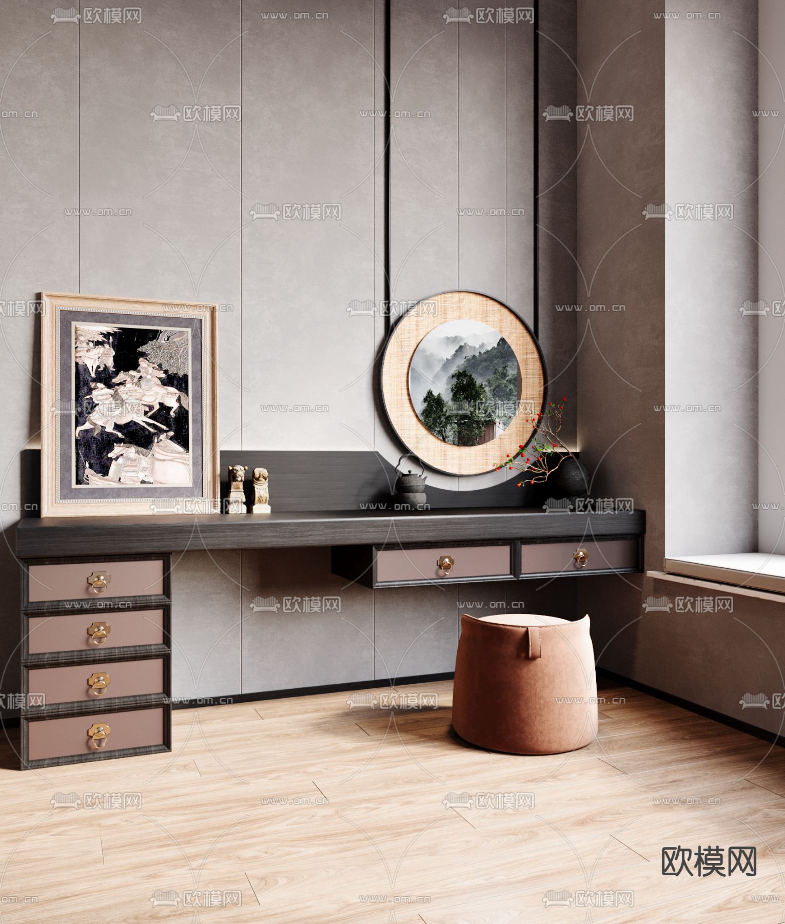新中式梳妆台3d模型下载