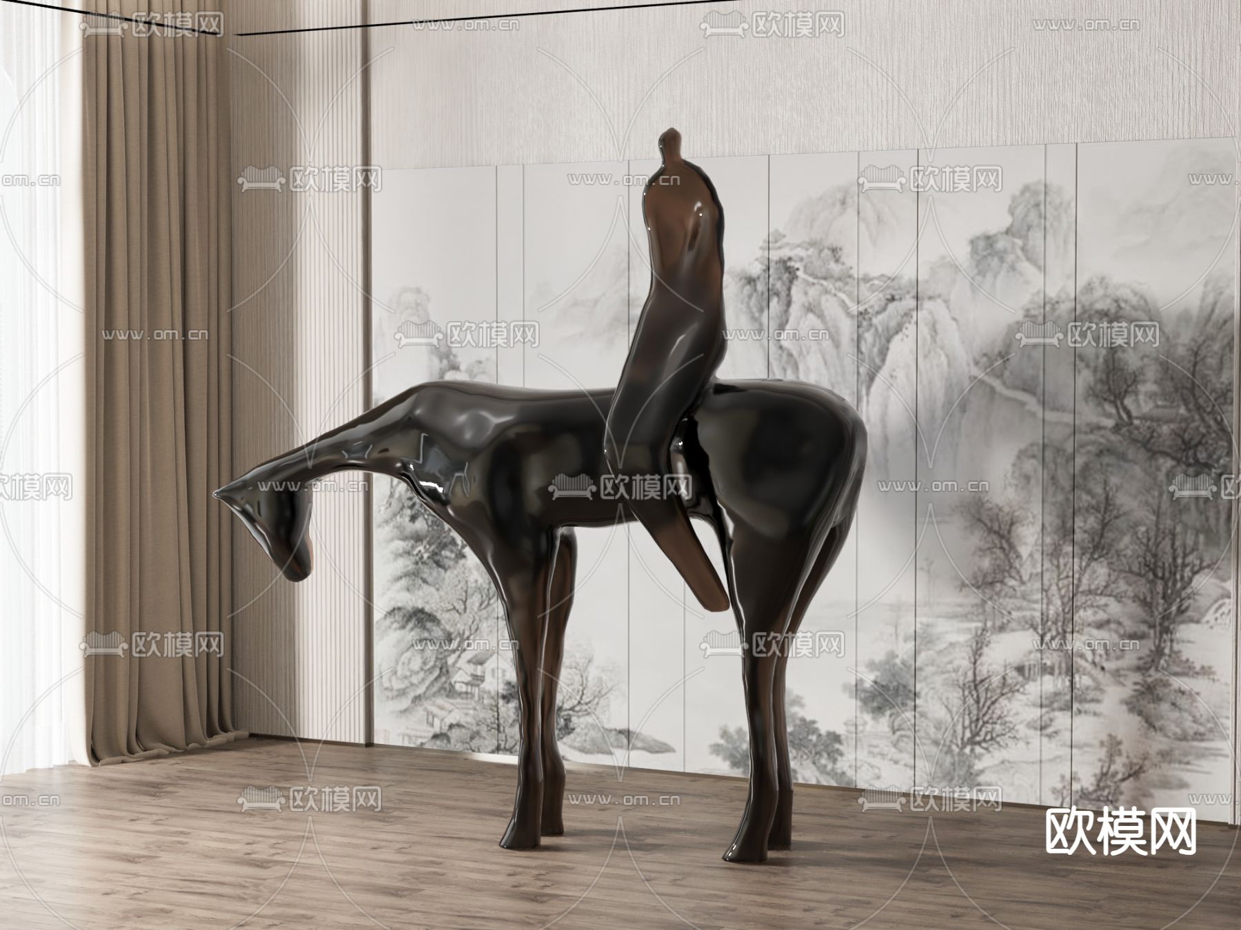 新中式雕塑摆件su模型下载（渲染图1）