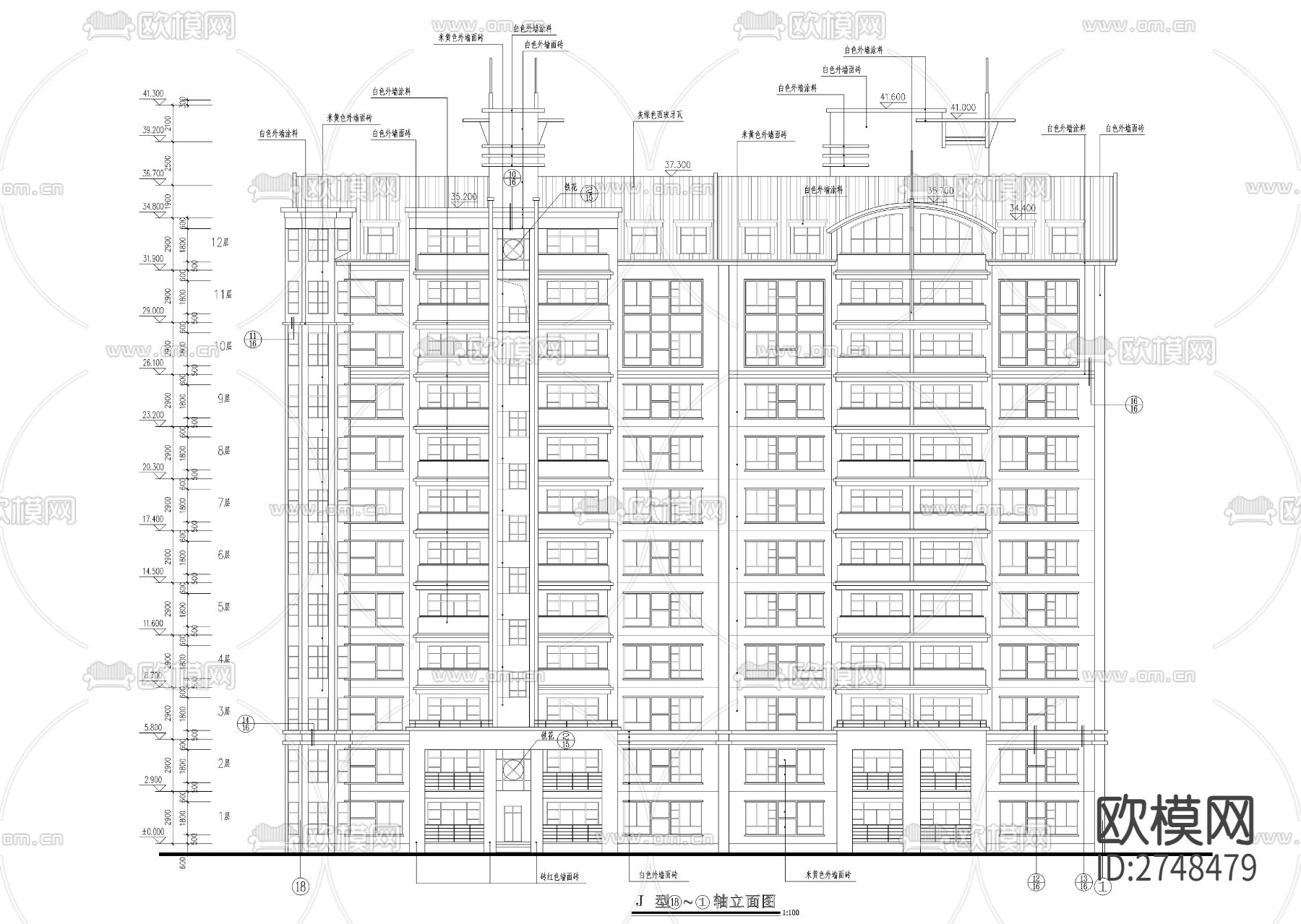 十二层一梯四户小高层建筑cad施工图下载（渲染图1）